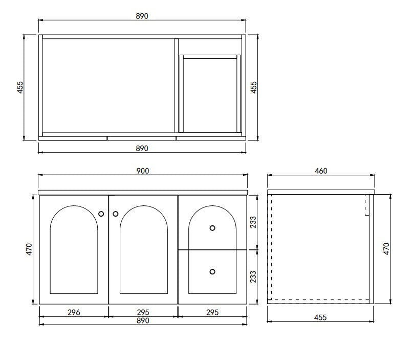 Lukka Chester Matt Black 900mm wall-hung right drawer configuration cabinet dimension diagram (length x depth x height).