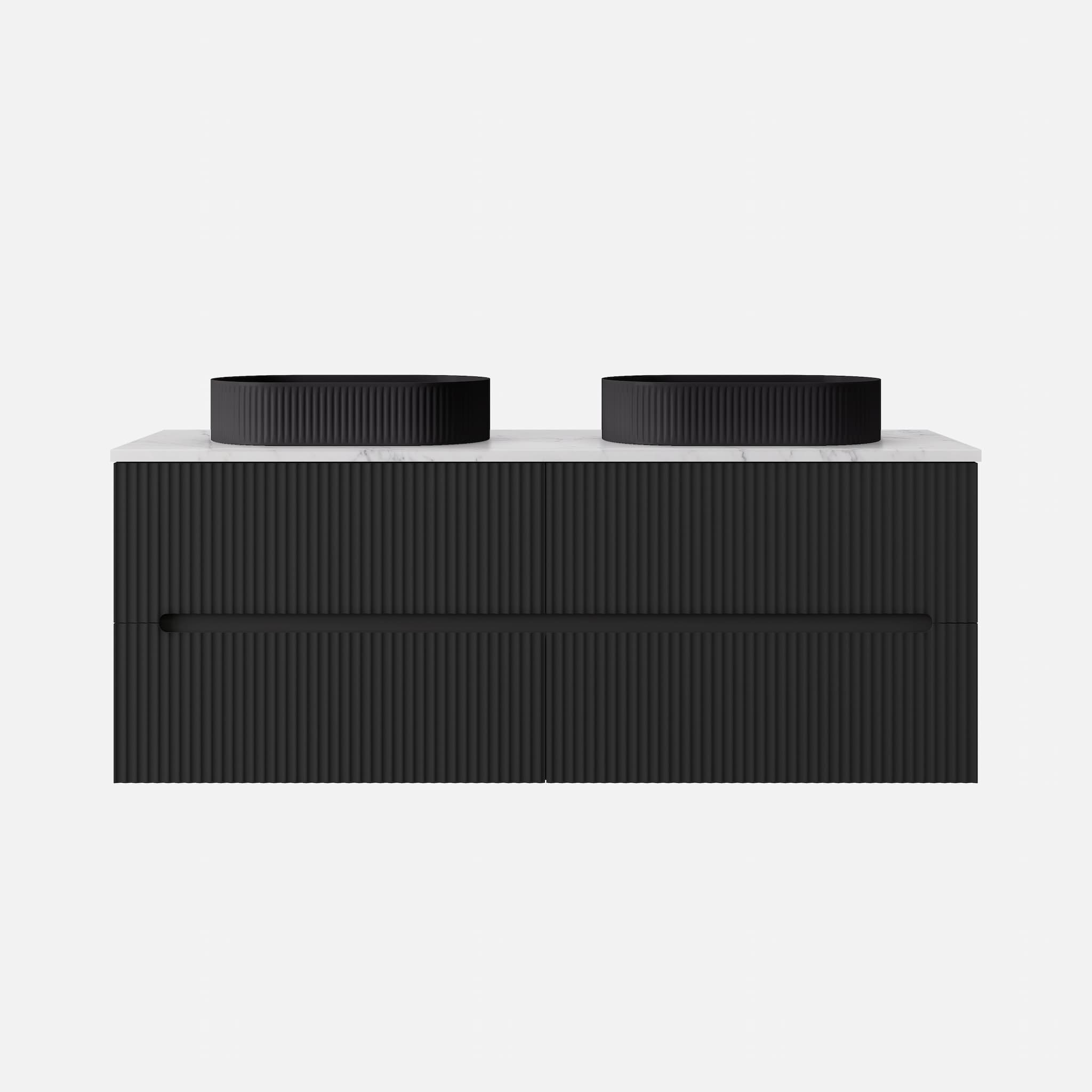 Front view of the Lukka Cabarita 1500mm Double Bowl Wall Hung Vanity in Matte Black, isolated product shot showing large double bowl configuration.