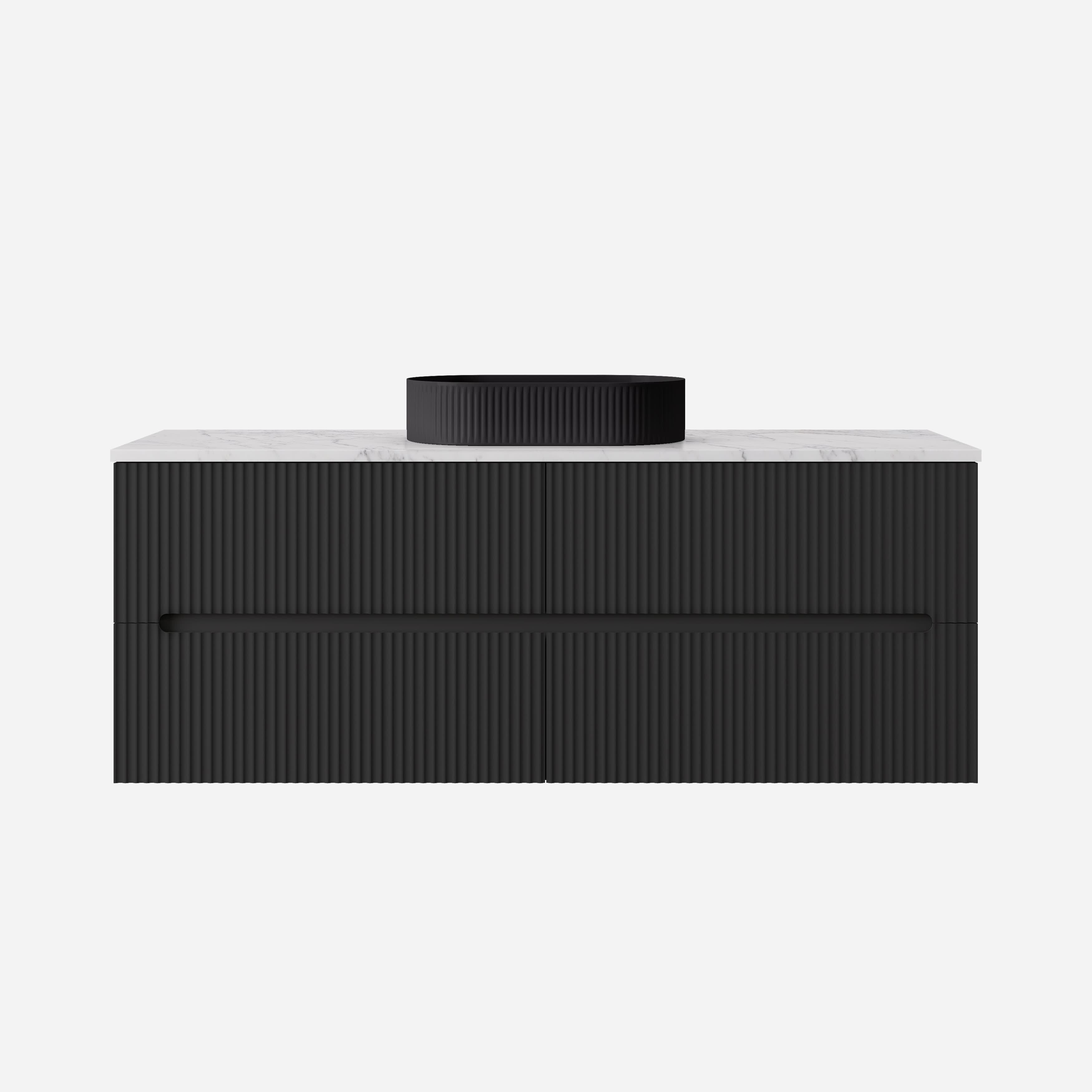 Front view of the Lukka Cabarita 1500mm Single Bowl Wall Hung Vanity in Matte Black, wide cabinet isolated on a white background.