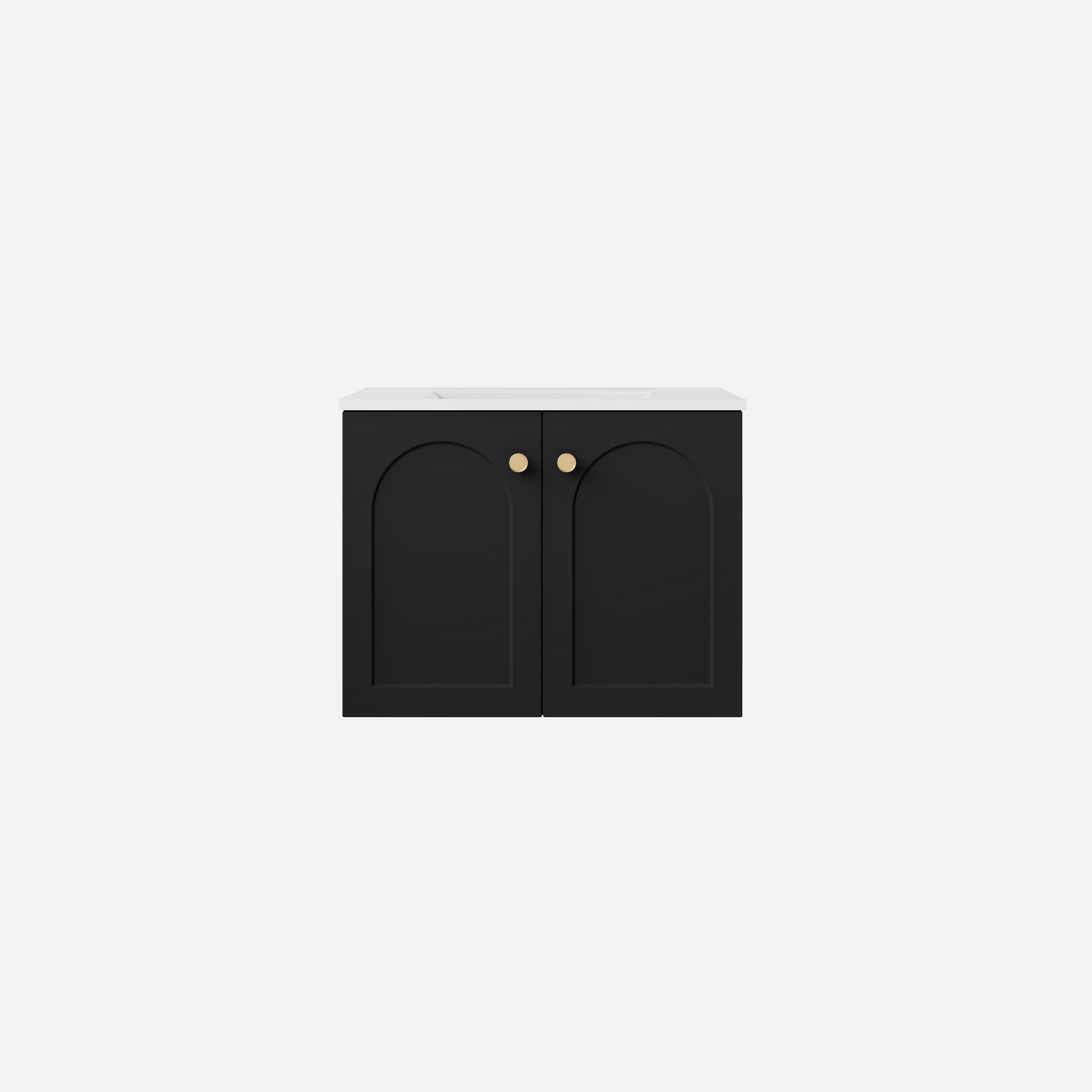 Close-up of Lukka Chester Matt Black 600mm single bowl wall-hung cabinet with soft-closing door.