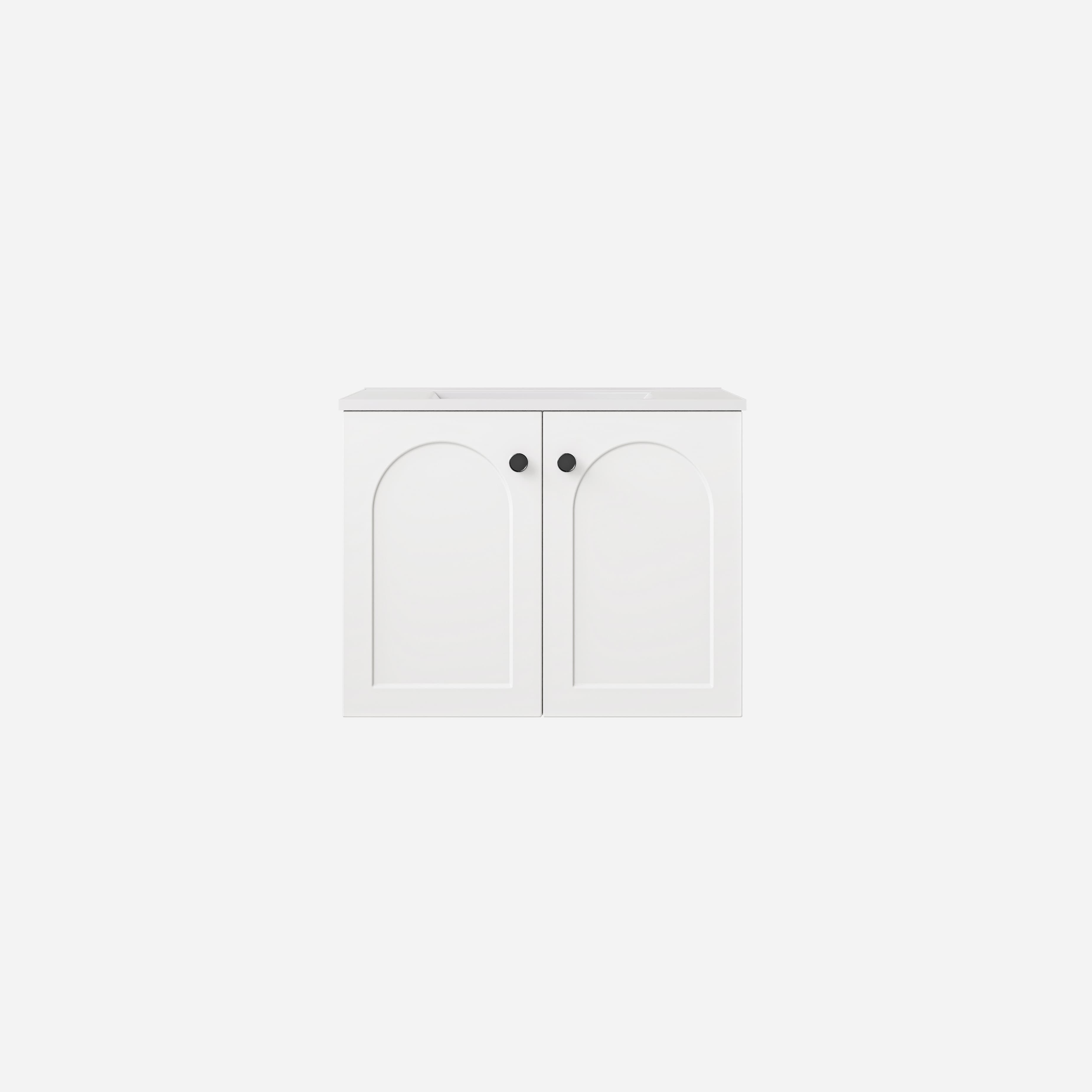 Close-up of Lukka Chester Matt White 590x455x470mm single bowl wall-hung cabinet with soft-closing door.