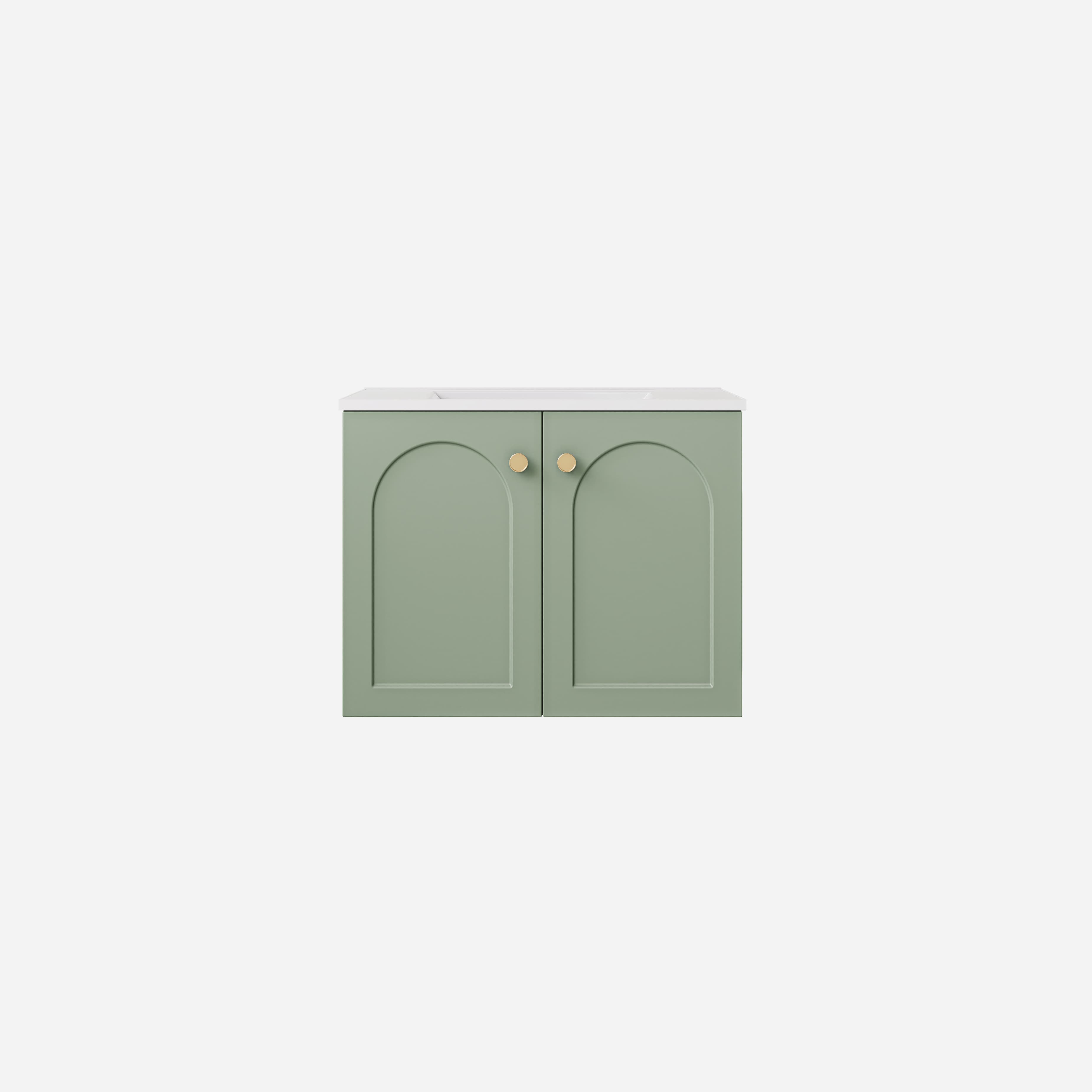 Close-up of Lukka Chester Olive Green 590x455x480mm single bowl wall-hung cabinet with soft-closing door.