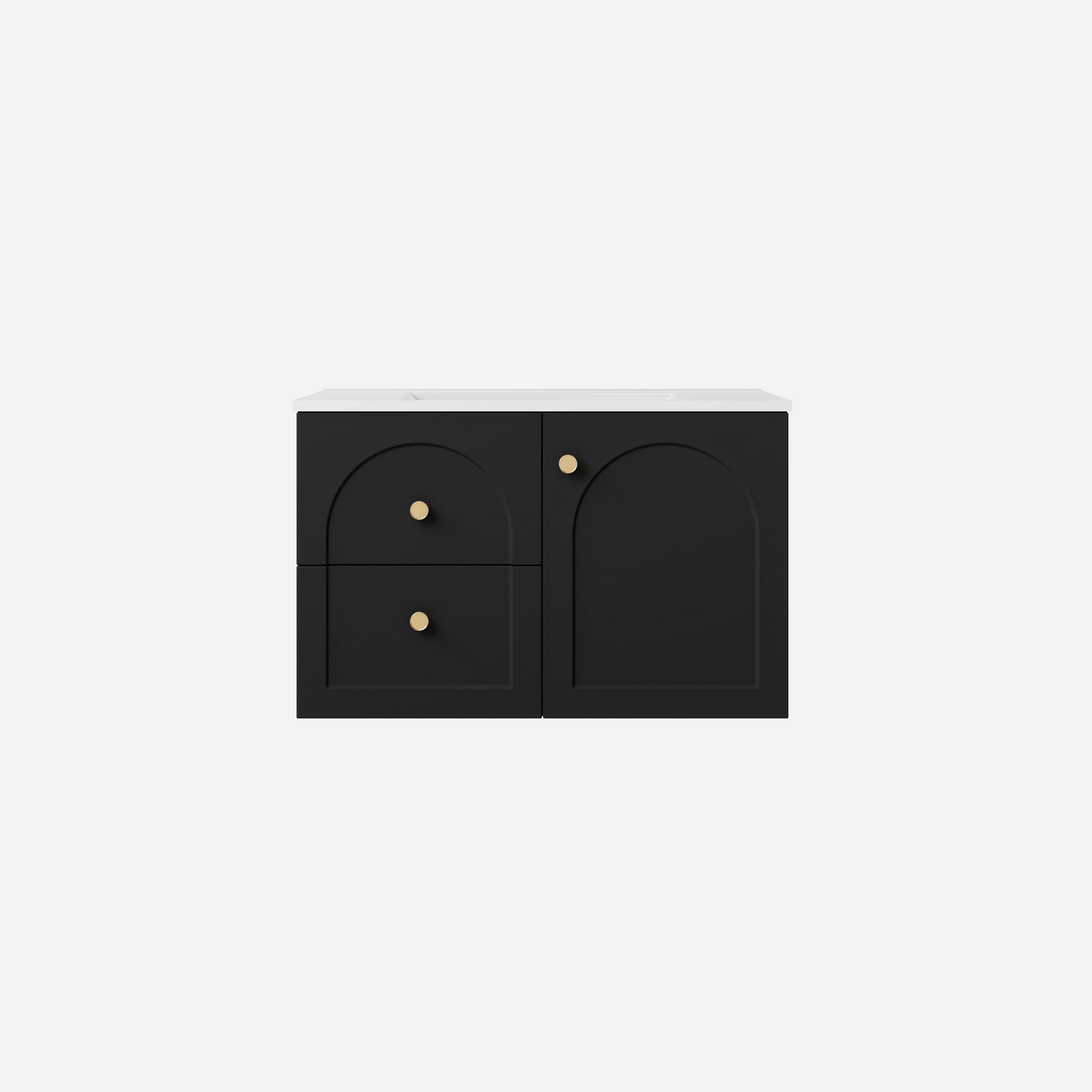 Lukka Chester Matt Black 750mm single bowl wall-hung cabinet, showing left drawer configuration.