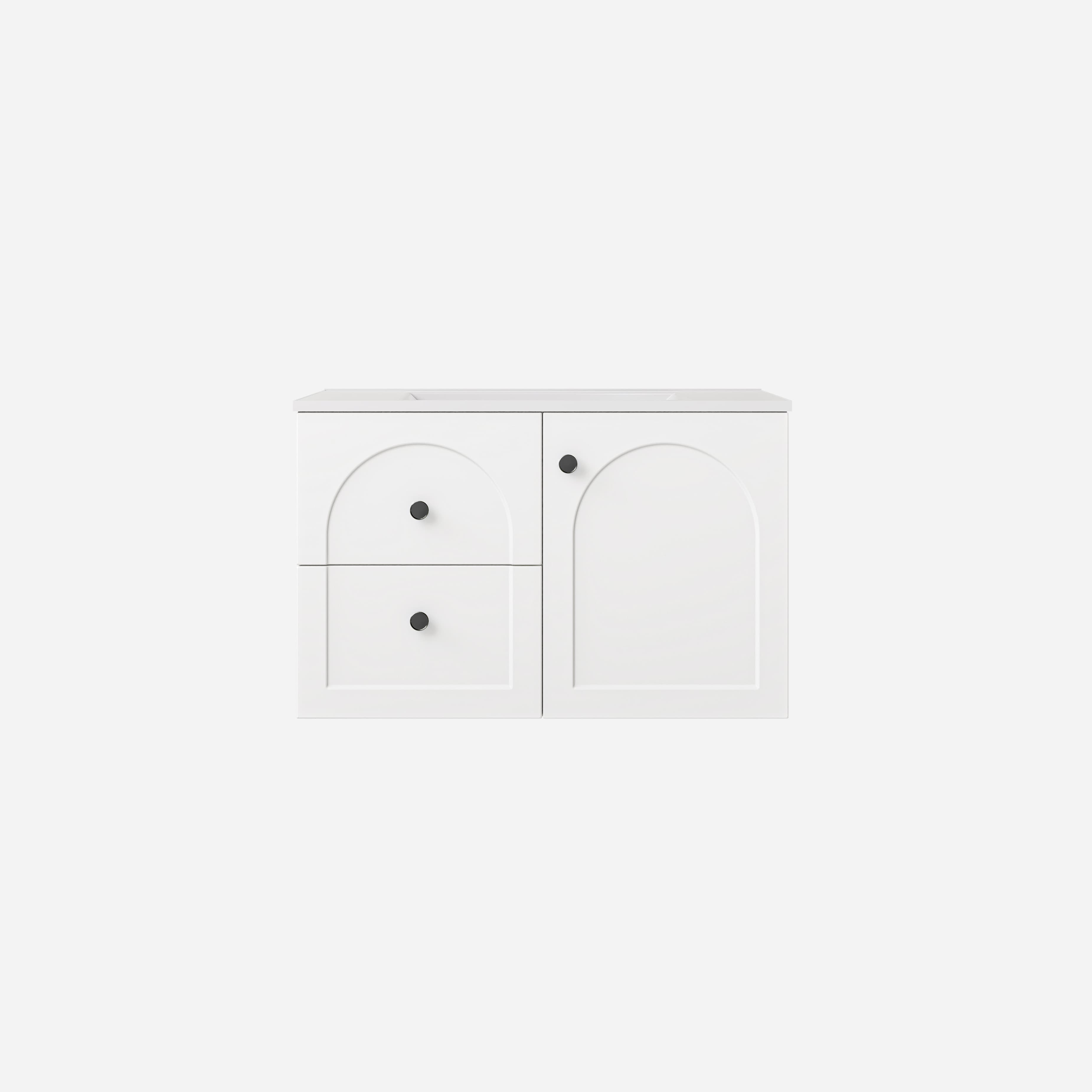 Lukka Chester Matt White 740x455x470mm single bowl wall-hung cabinet, showing left drawer configuration.