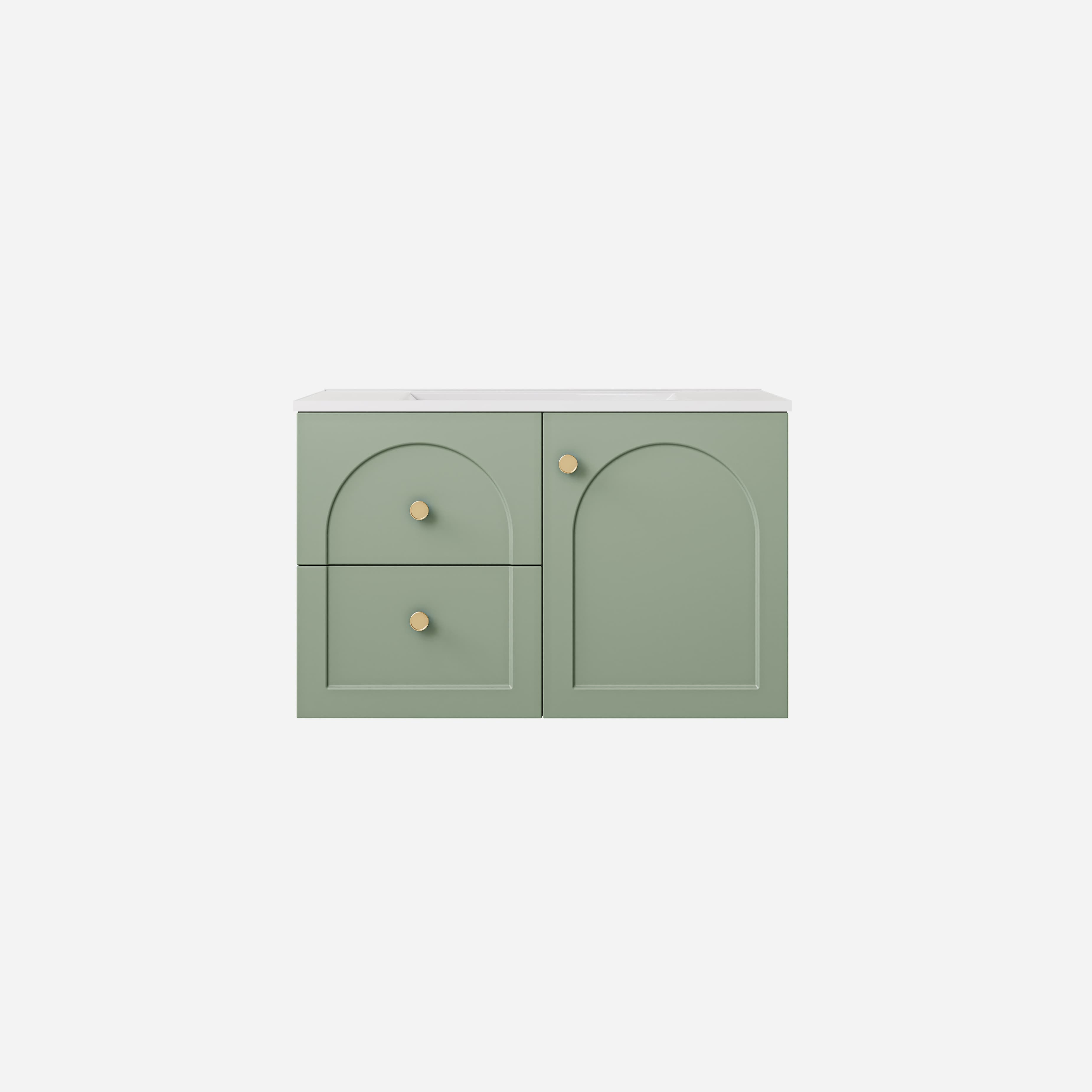 Lukka Chester Olive Green 740x455x480mm single bowl wall-hung cabinet, showing left drawer configuration.
