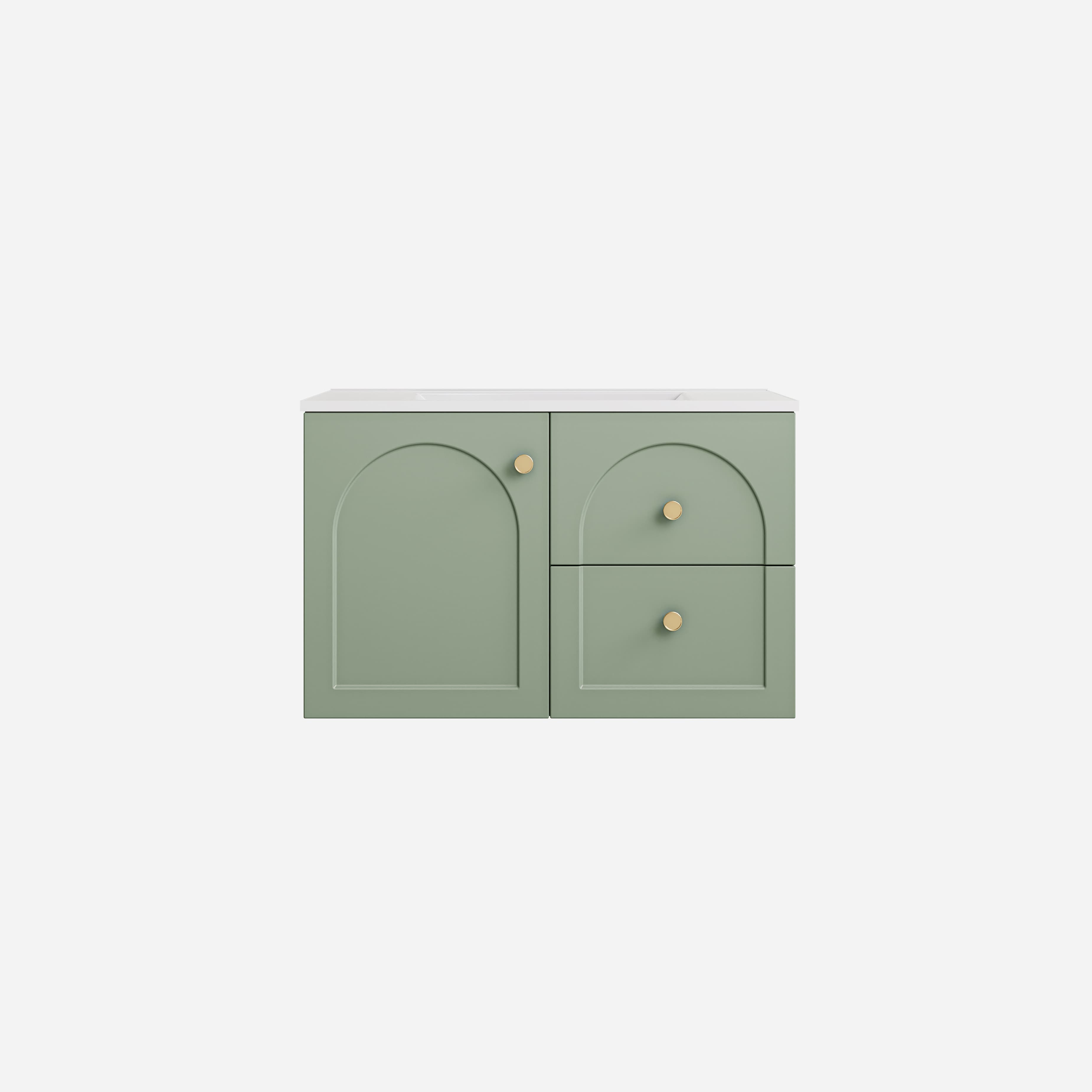 Lukka Chester Olive Green 740x455x480mm single bowl wall-hung cabinet, showing right drawer configuration.
