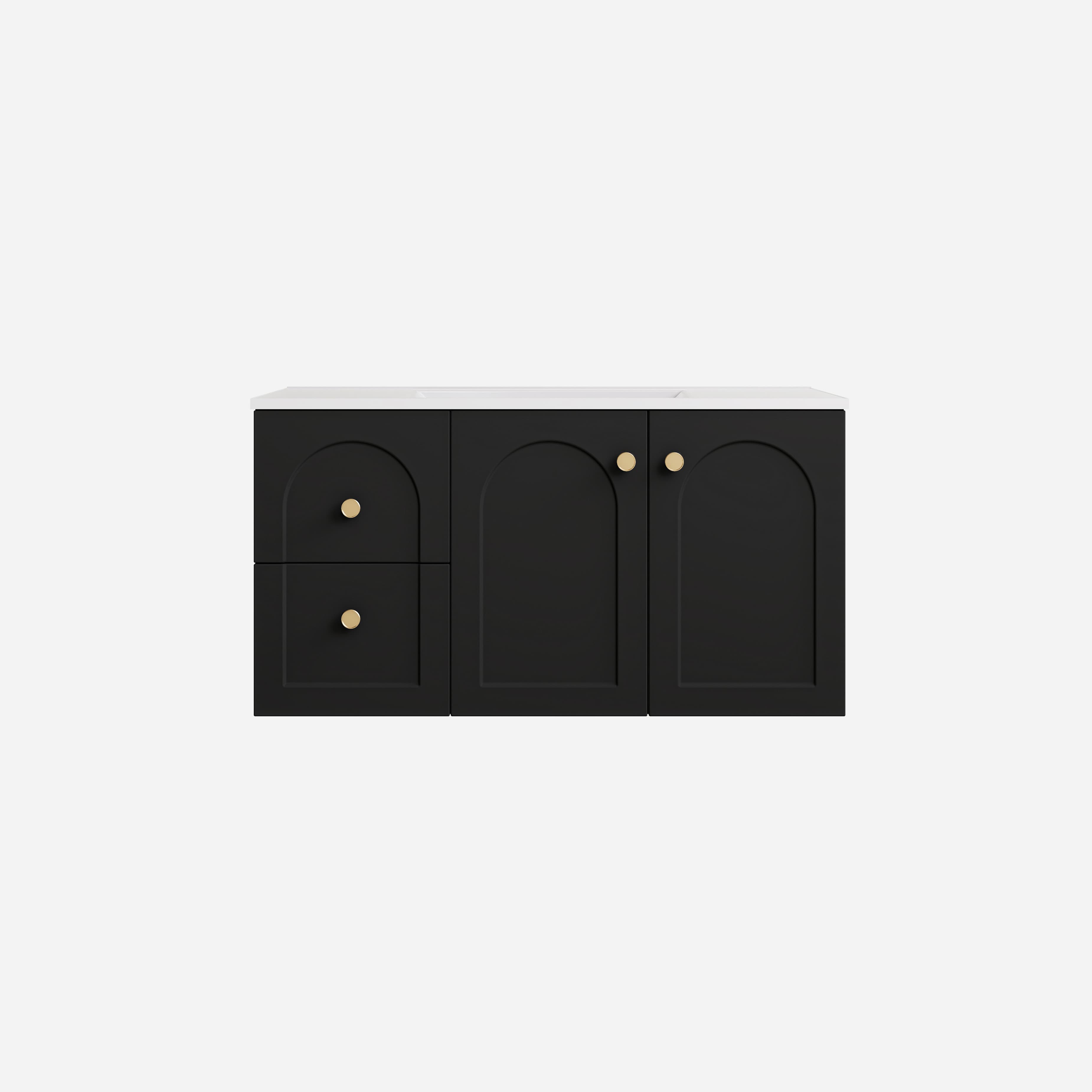 Detail view of Lukka Chester Matt Black 900mm single bowl wall-hung left drawer configuration cabinet.