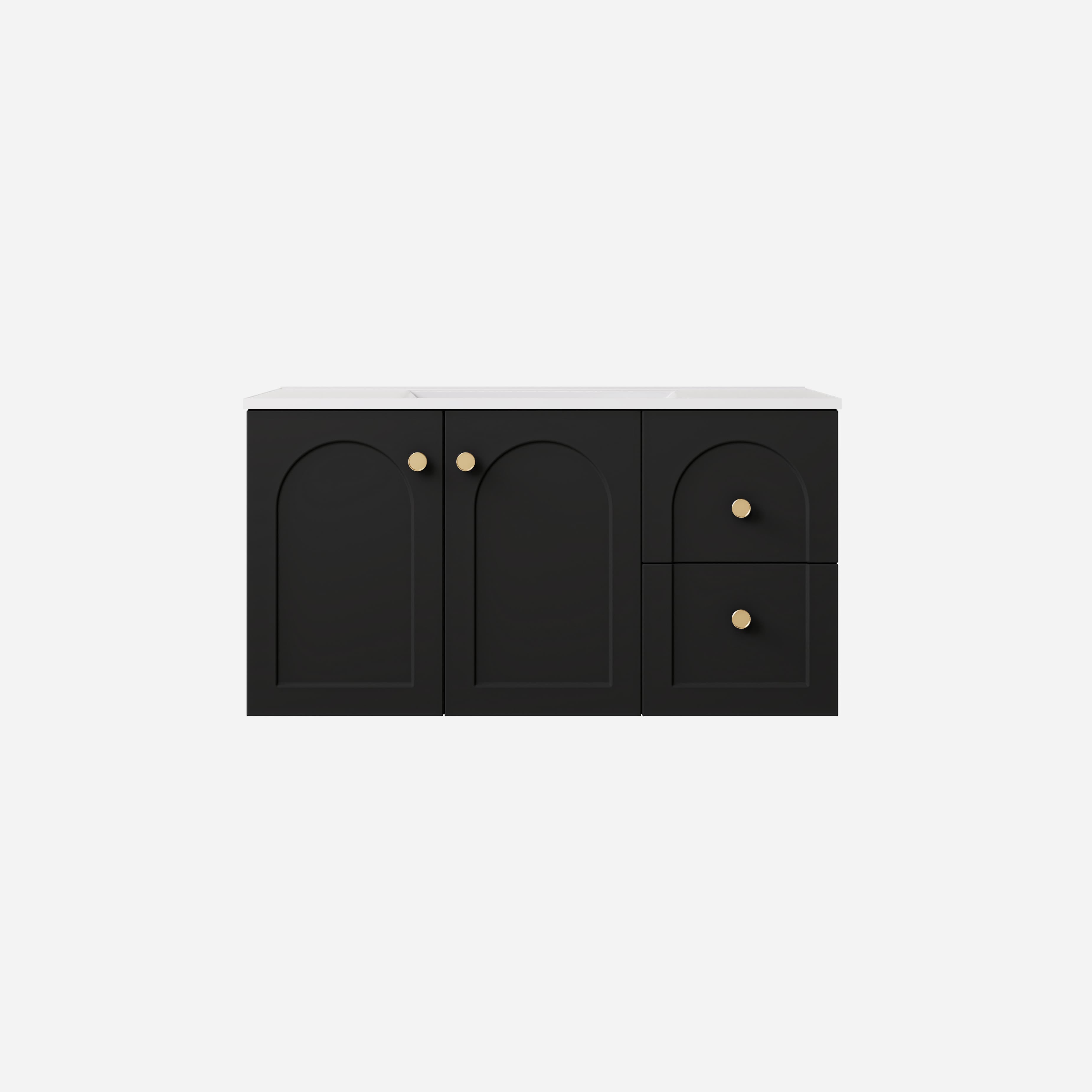 Detail view of Lukka Chester Matt Black 900mm single bowl wall-hung right drawer configuration cabinet.