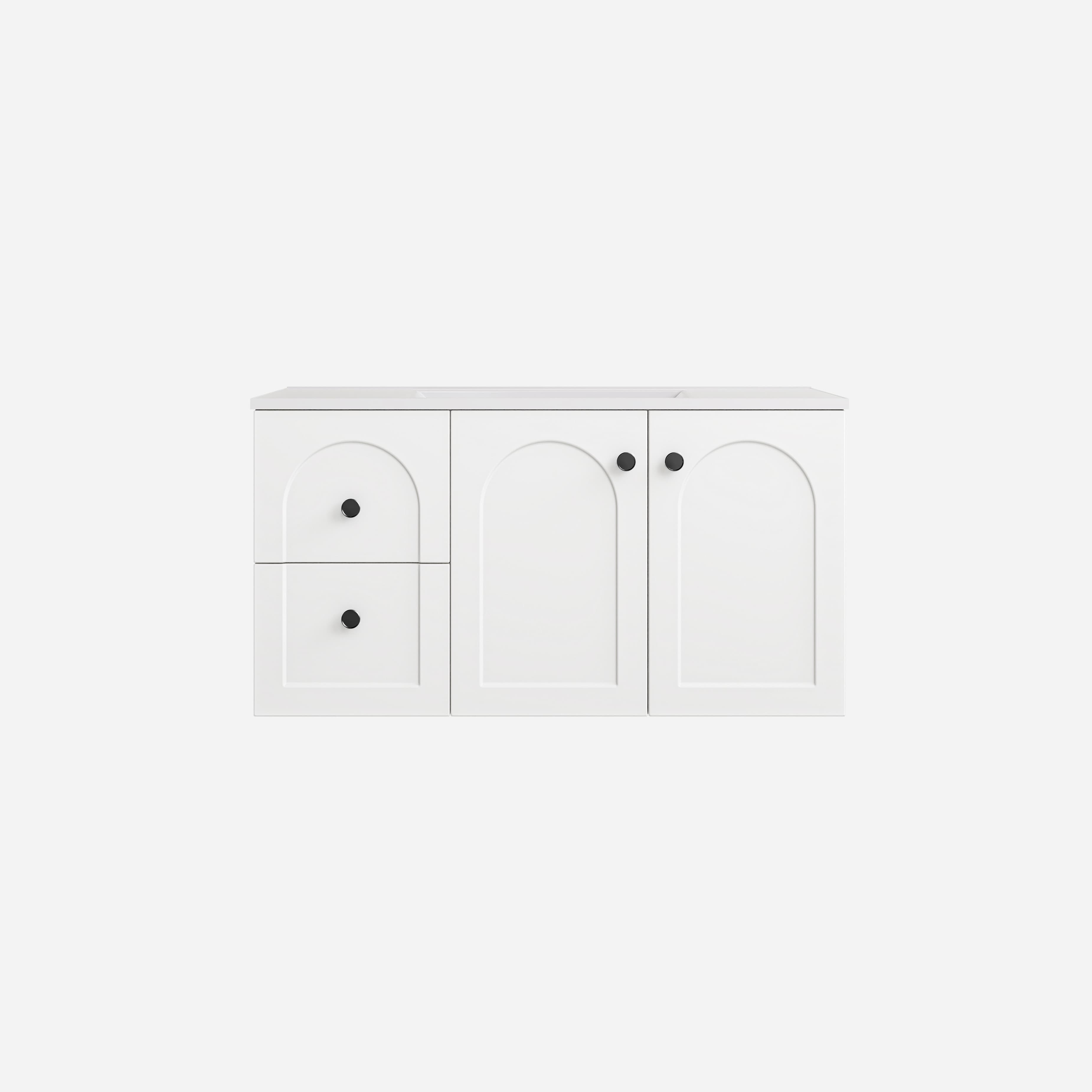 Lukka Chester Matt White 890x455x470mm single bowl wall-hung cabinet, showing left drawer configuration.