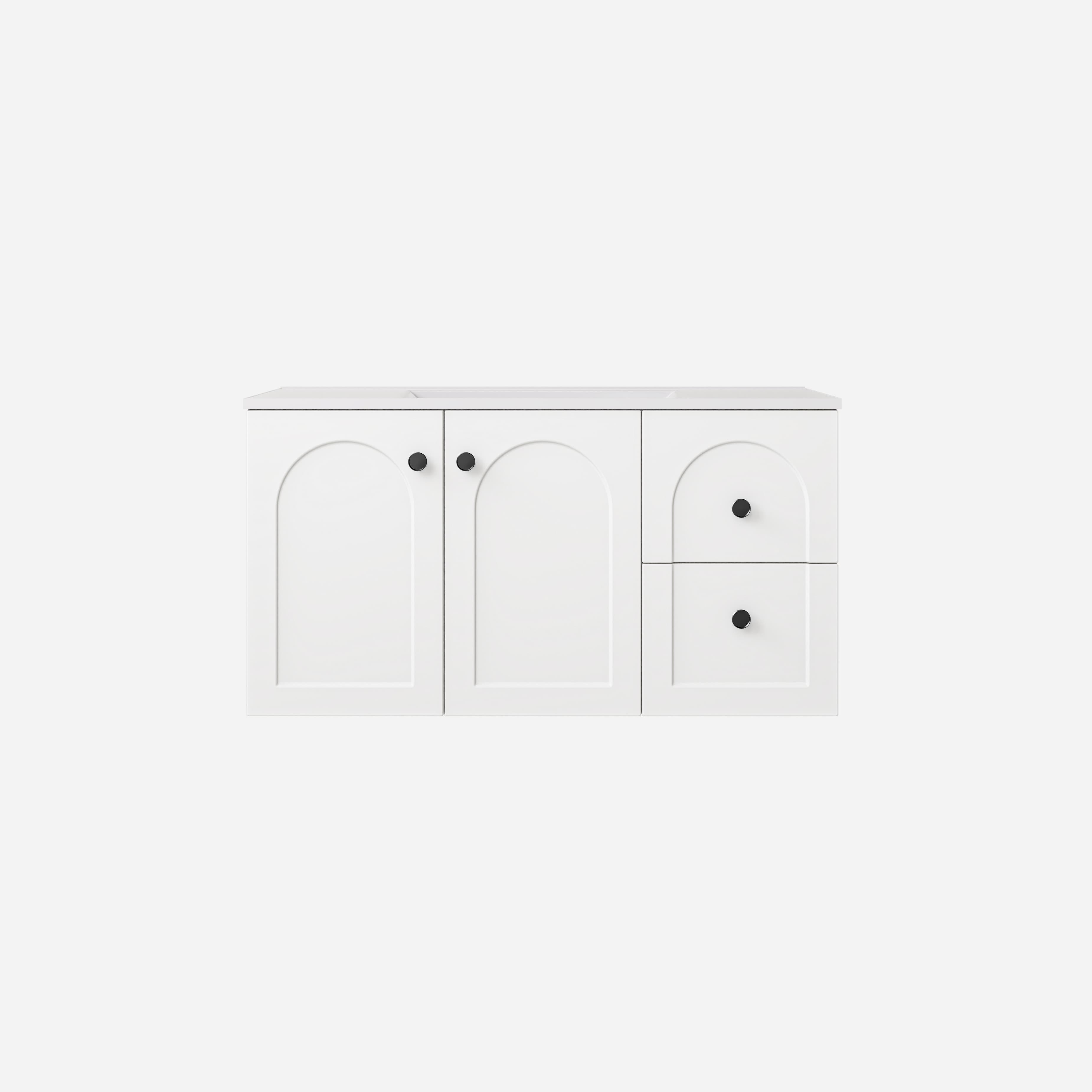 Lukka Chester Matt White 890x455x470mm single bowl wall-hung cabinet, showing right drawer configuration.