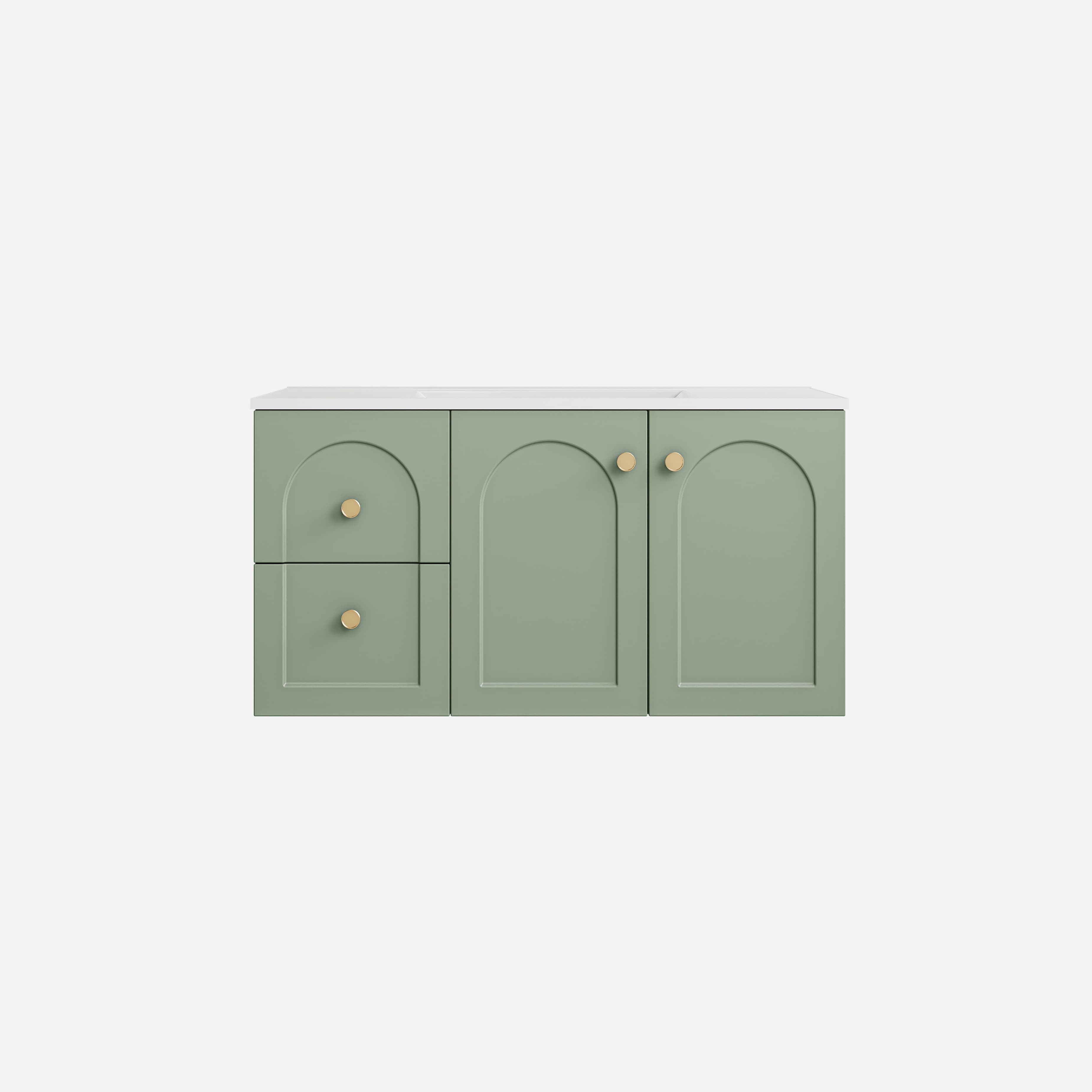 Detail view of Lukka Chester Olive Green 890x455x480mm single bowl wall-hung left drawer configuration cabinet.