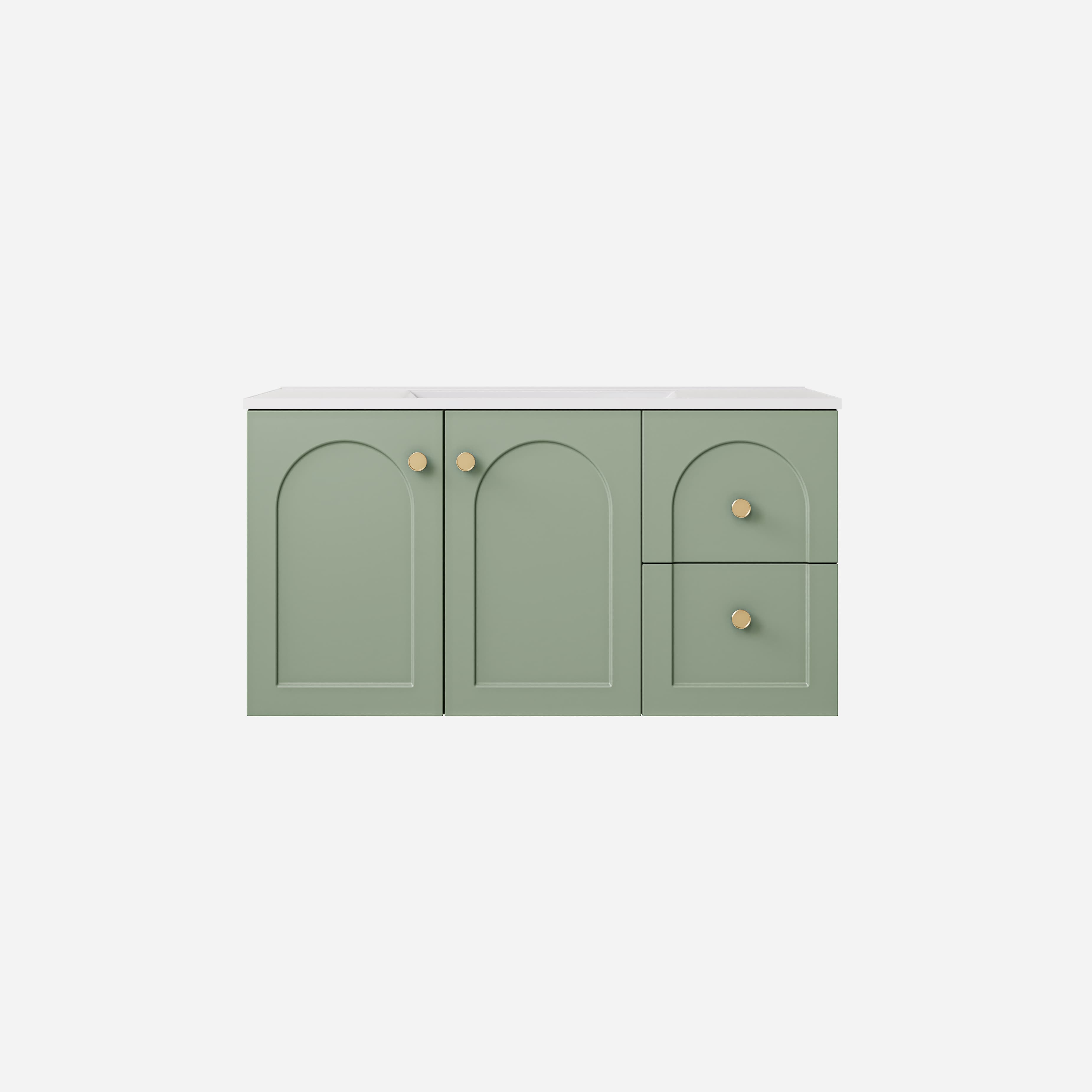 Detail view of Lukka Chester Olive Green 890x455x480mm single bowl wall-hung right drawer configuration cabinet.