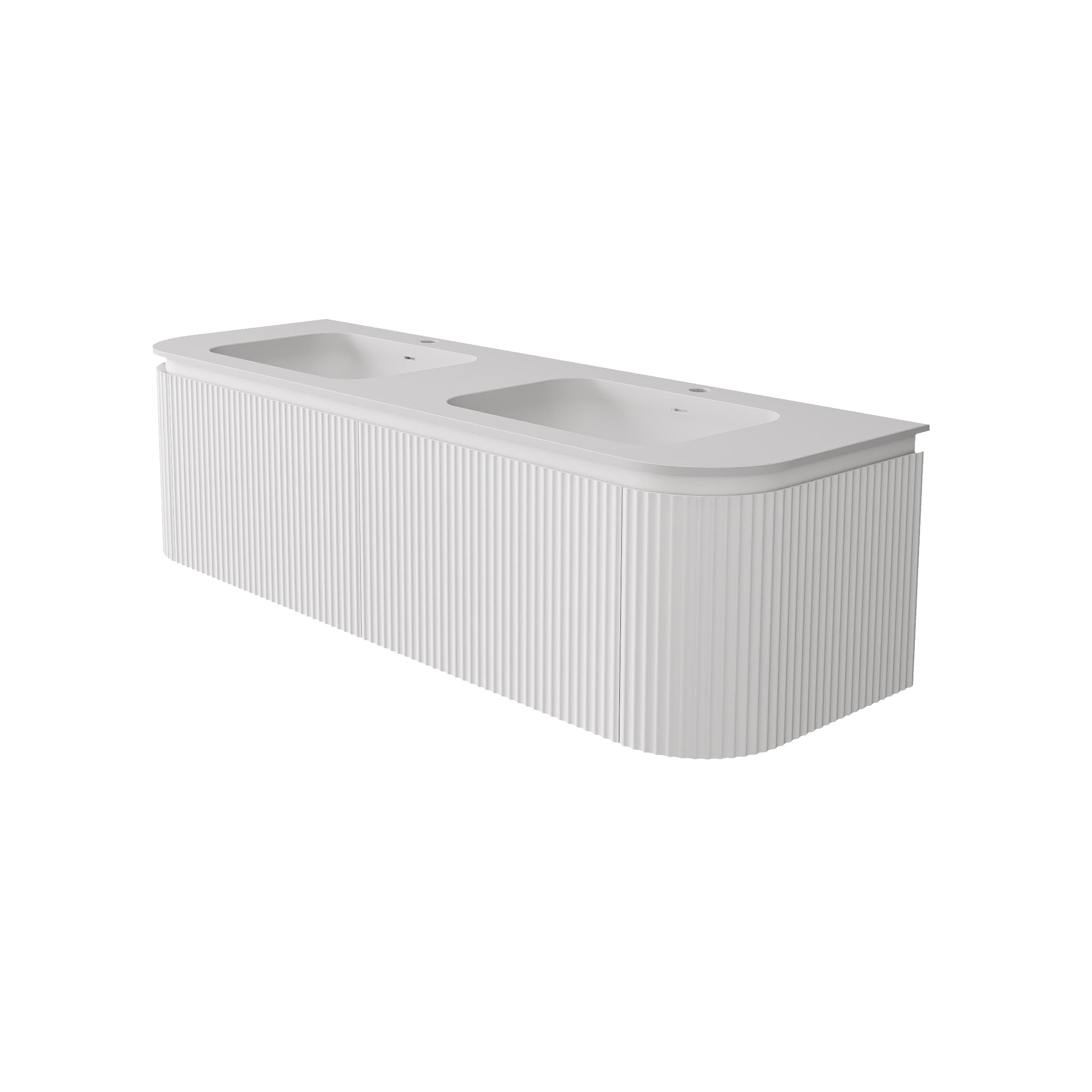 Side view of the Lukka Estella Curve 1500mm Double Bowl Vanity in Matte White, isolated product shot showing twin basins.