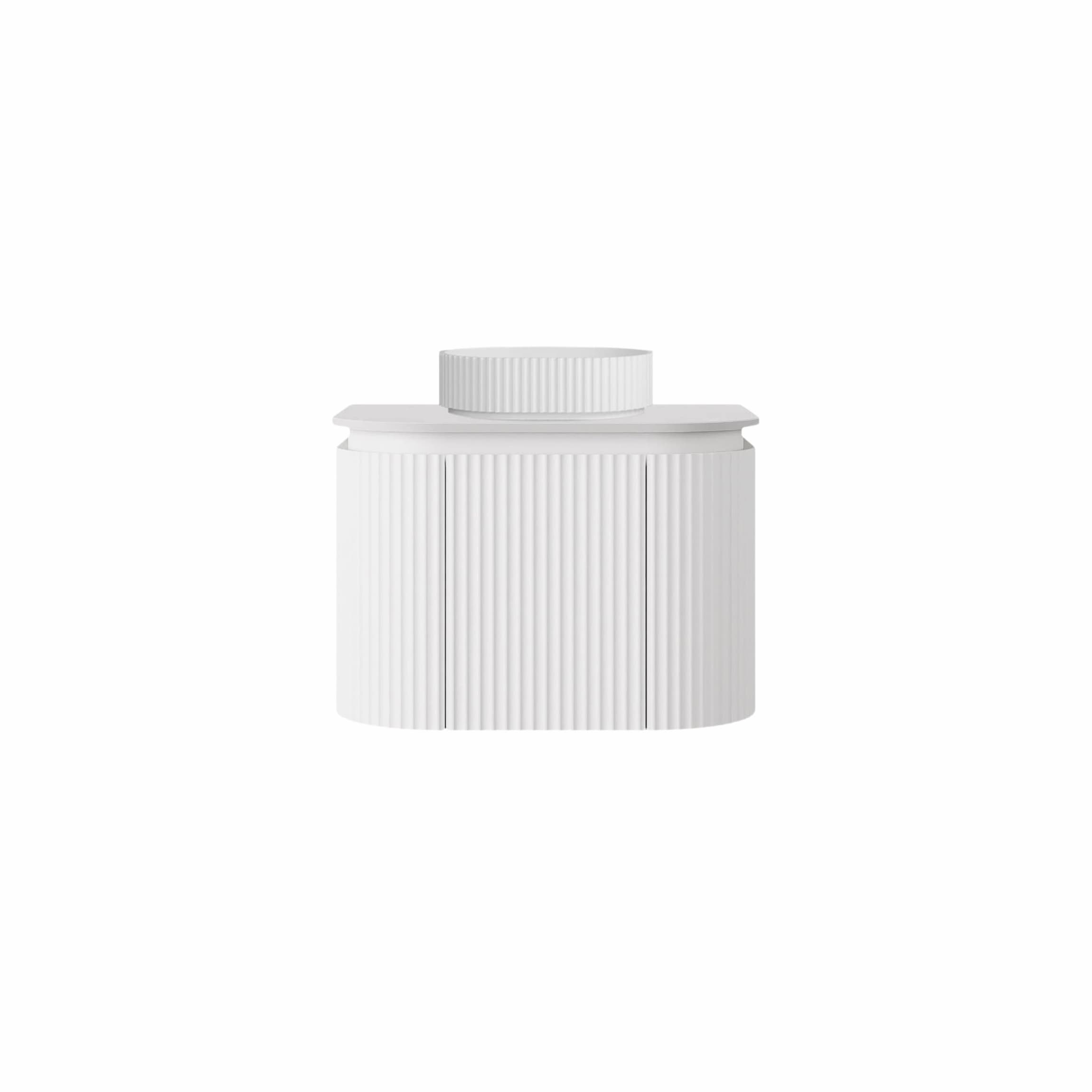 Front view of the Lukka Estella Curve 600mm Wall Hung Vanity in Matte White, isolated product shot showing soft-closing drawers.