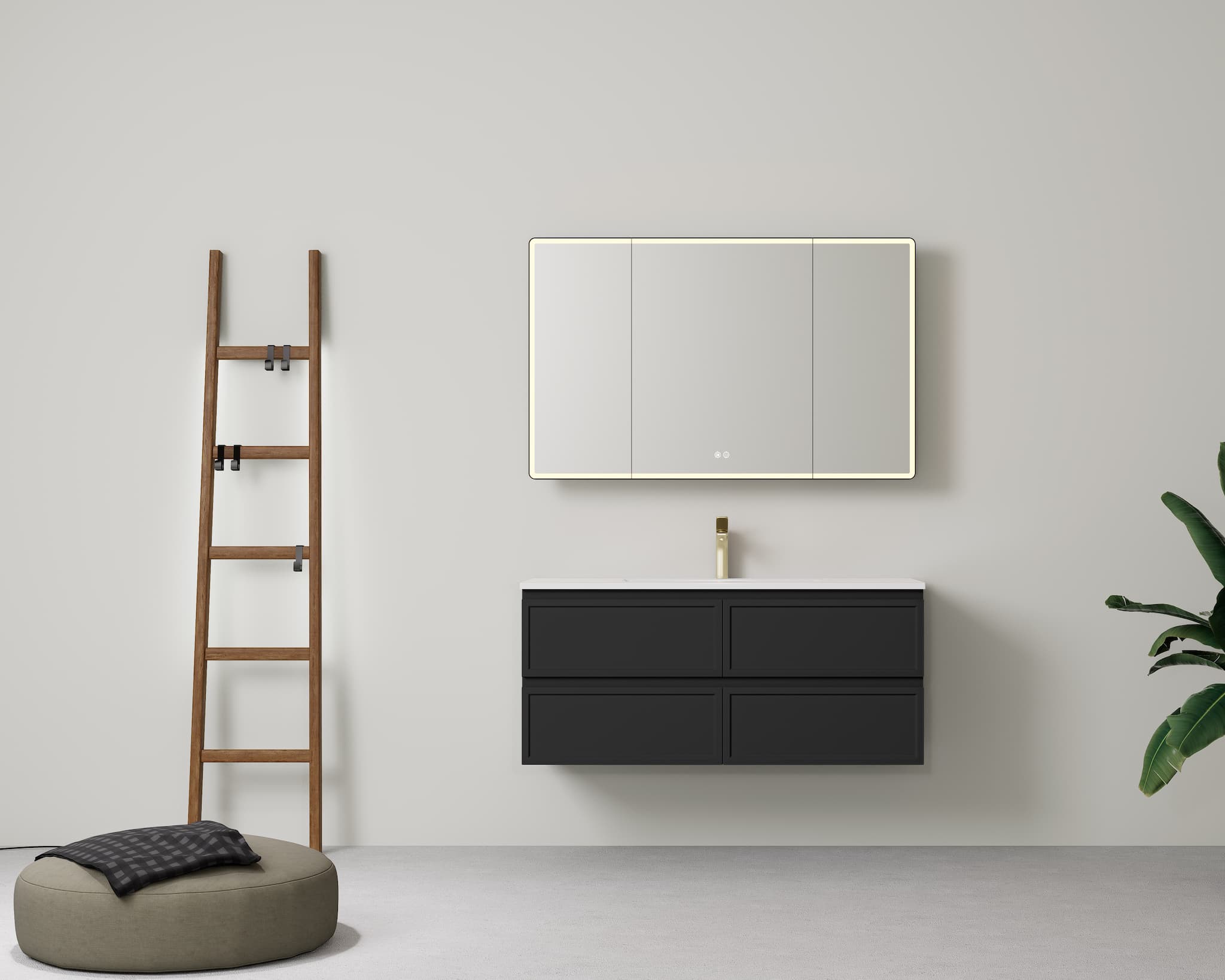 Lukka New Hamilton 1200mm Slim Vanity with Single Bowl in Matt Black, full view of the PVC cabinet's federation style.