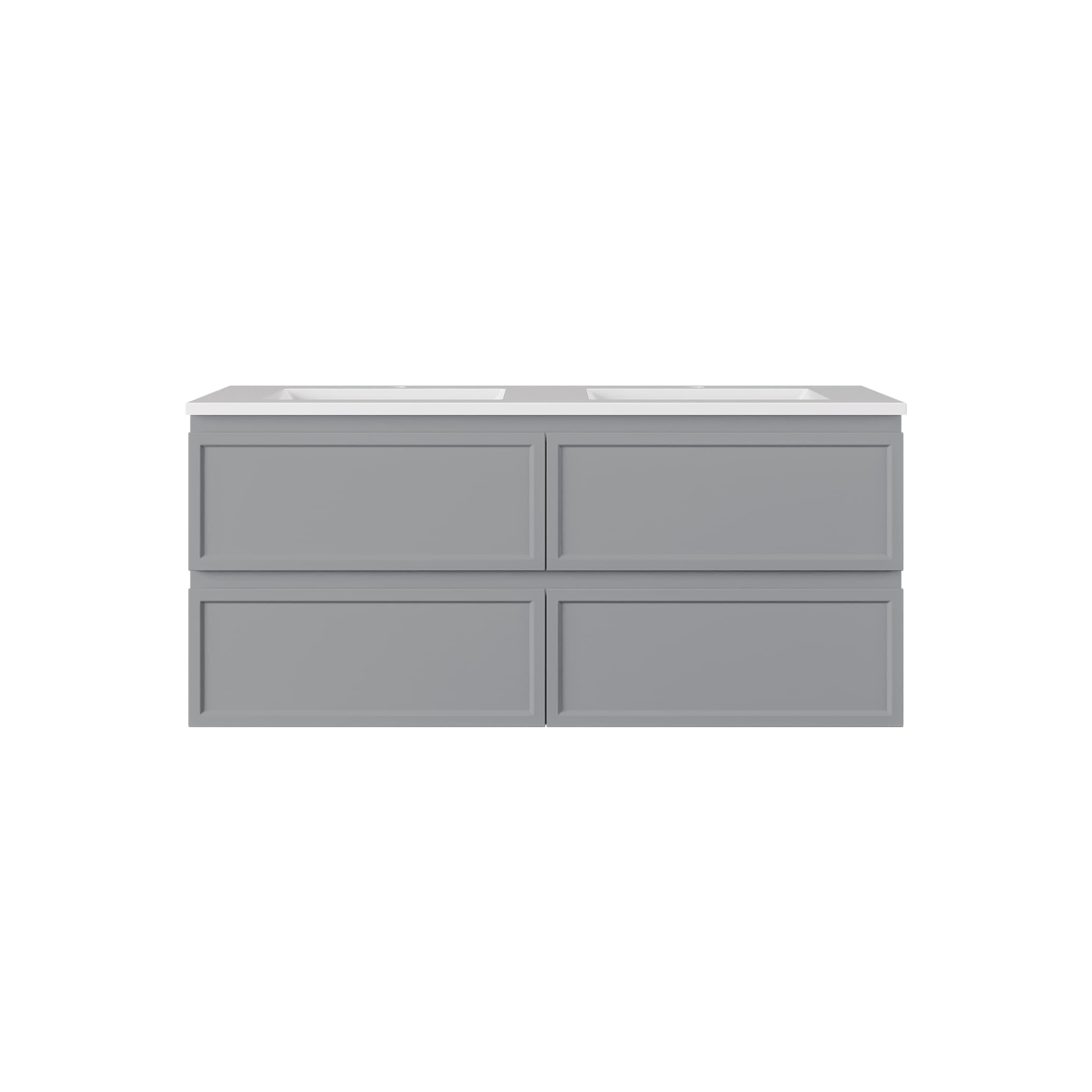 Lukka New Hamilton 1200mm Double Bowl Slim Wall Hung Vanity Cabinet in Matt Grey, isolated on white background, showing two basin cut-outs.