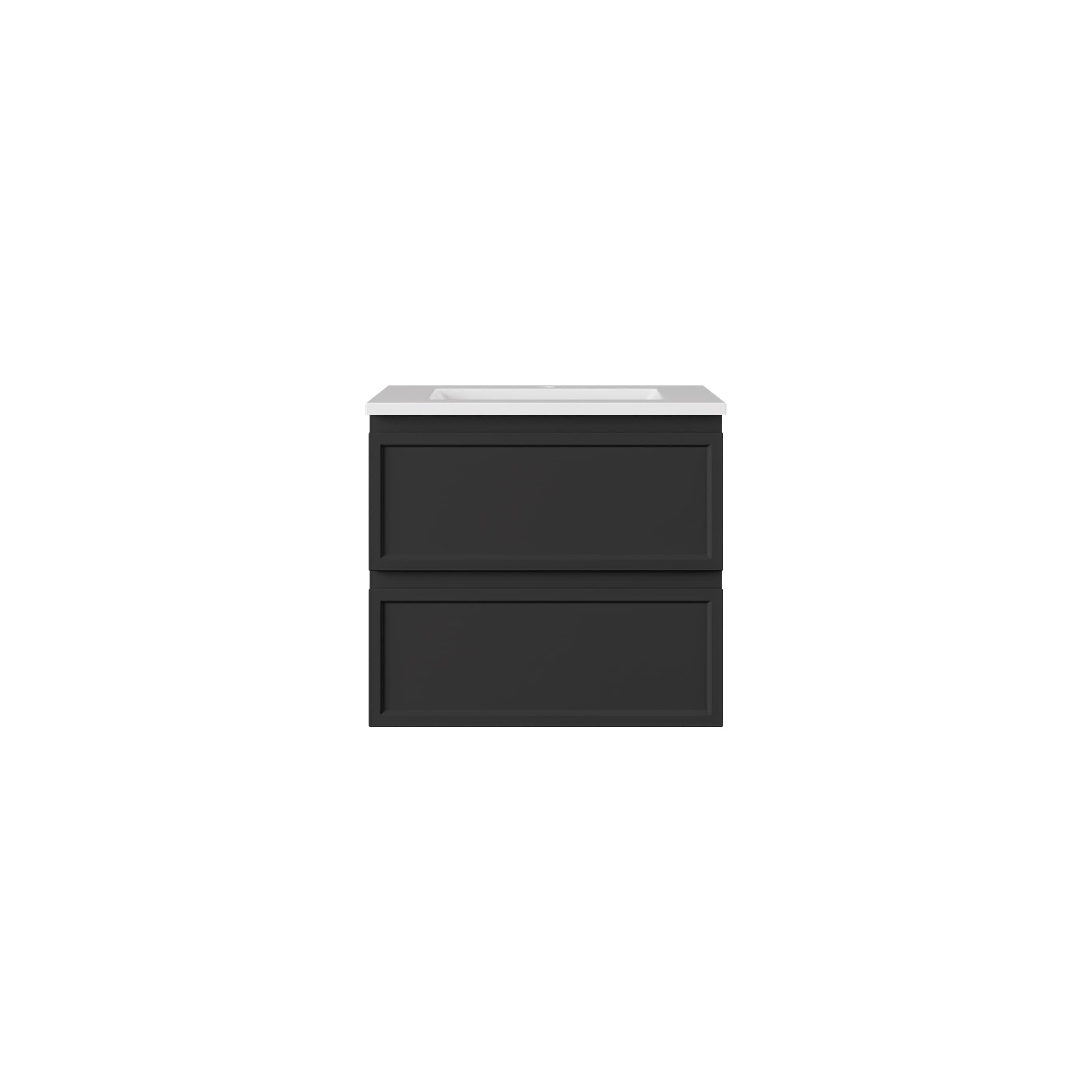 Front view of Lukka New Hamilton 600mm Slim Wall Hung Cabinet in Matt Black on white background.