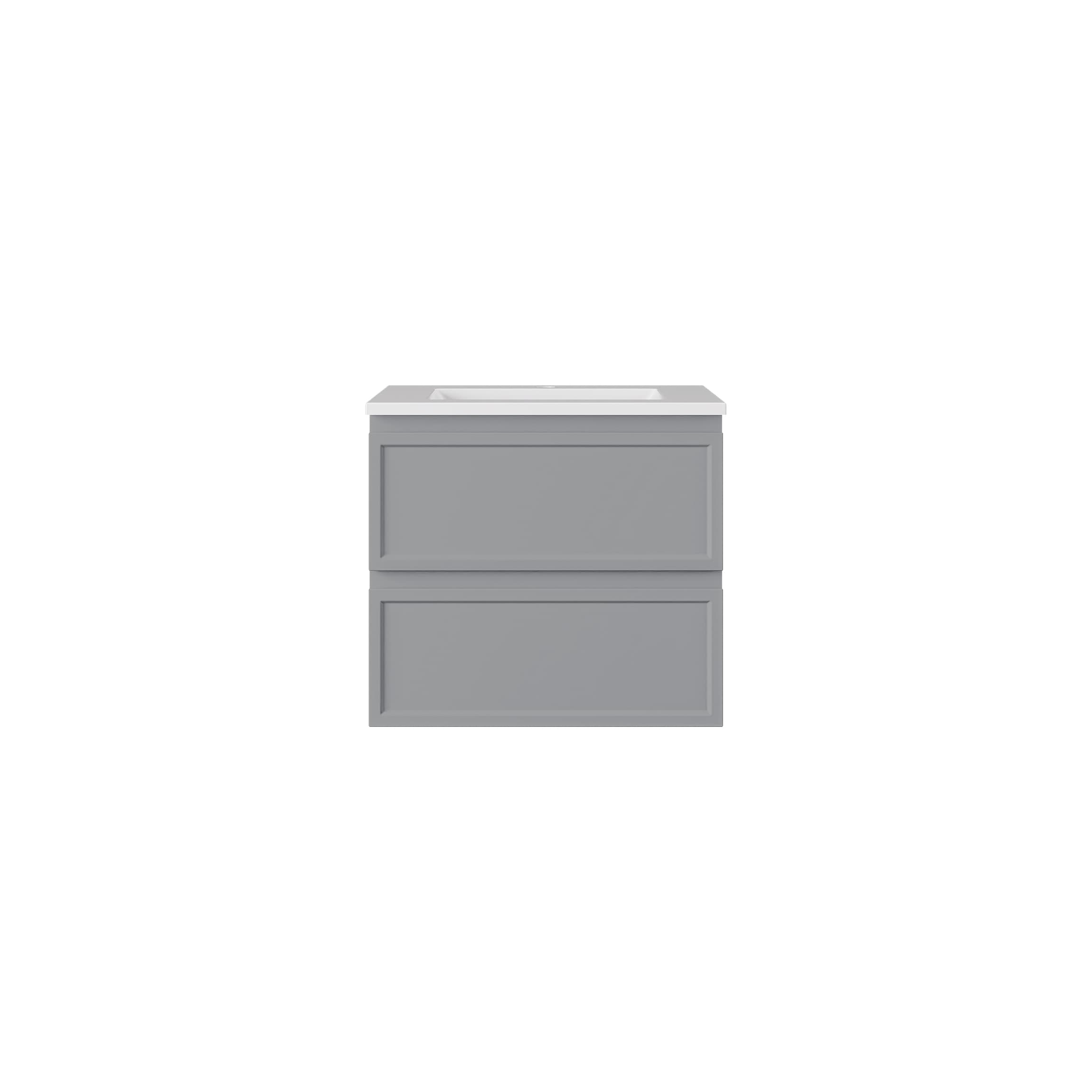 Front view of Lukka New Hamilton 600mm Federation Slim Wall Hung Vanity Cabinet in Matt Grey, isolated on a white background.