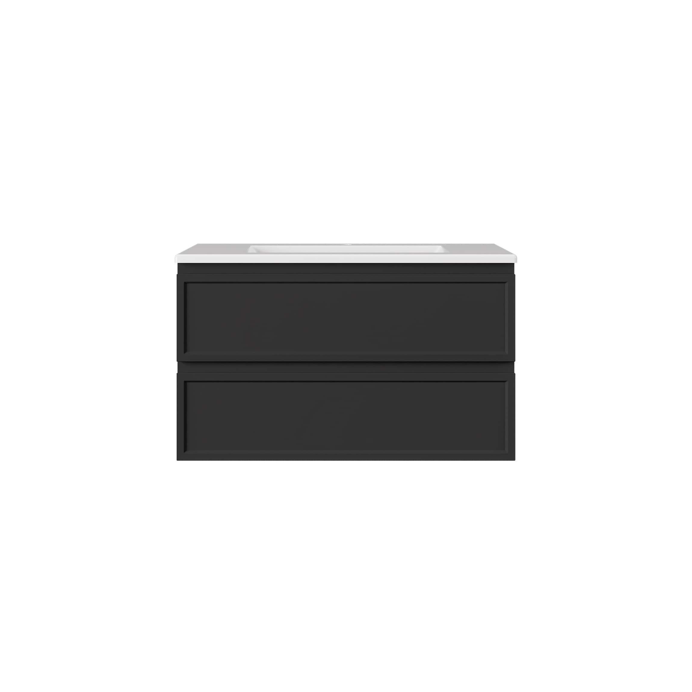 New Hamilton 900mm PVC Vanity Cabinet in Matt Black with single push open drawer, white background.