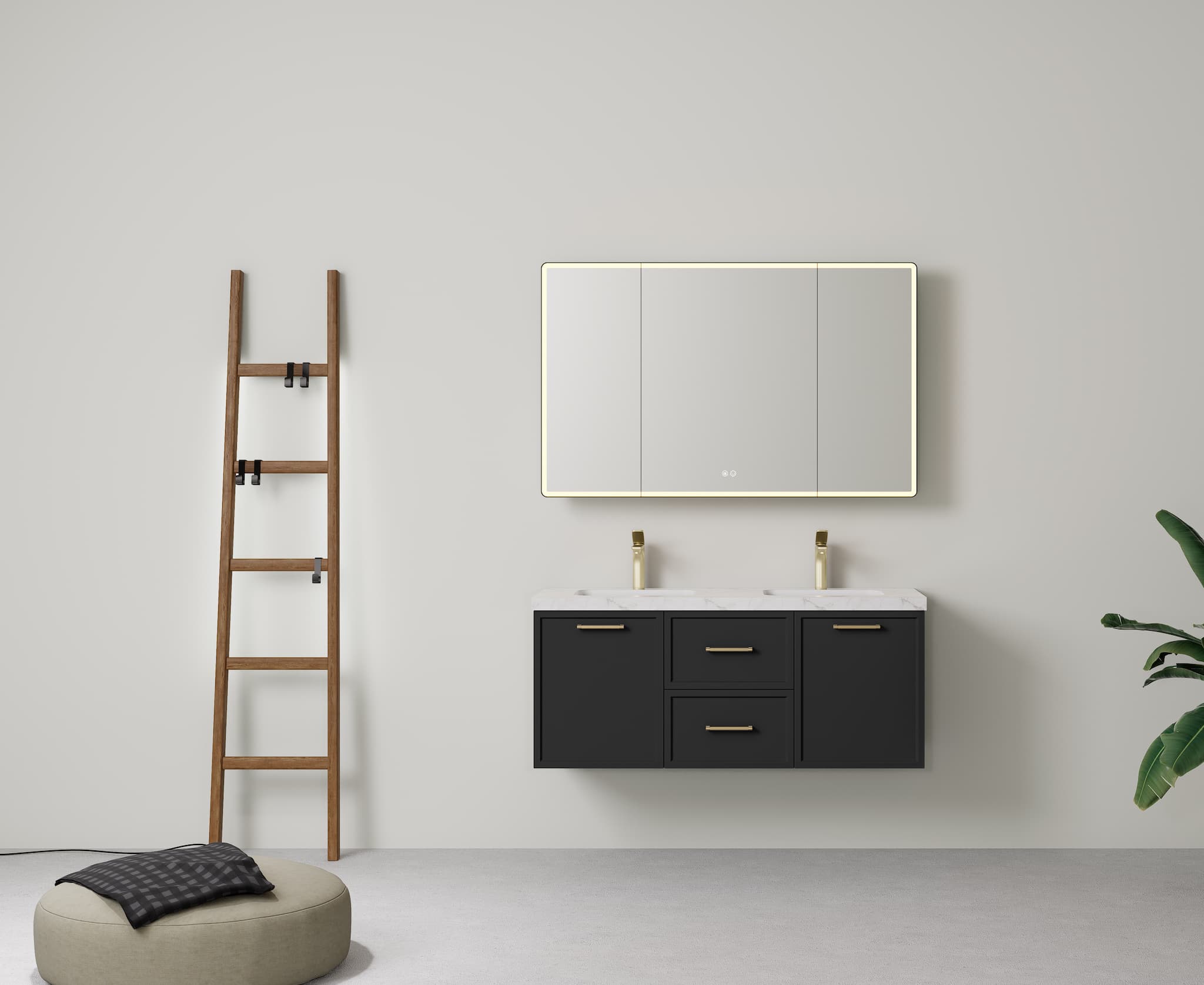 Lukka Kingsley Matt Black 1200mm double bowl wall-hung cabinet, without basin or with stone benchtop.