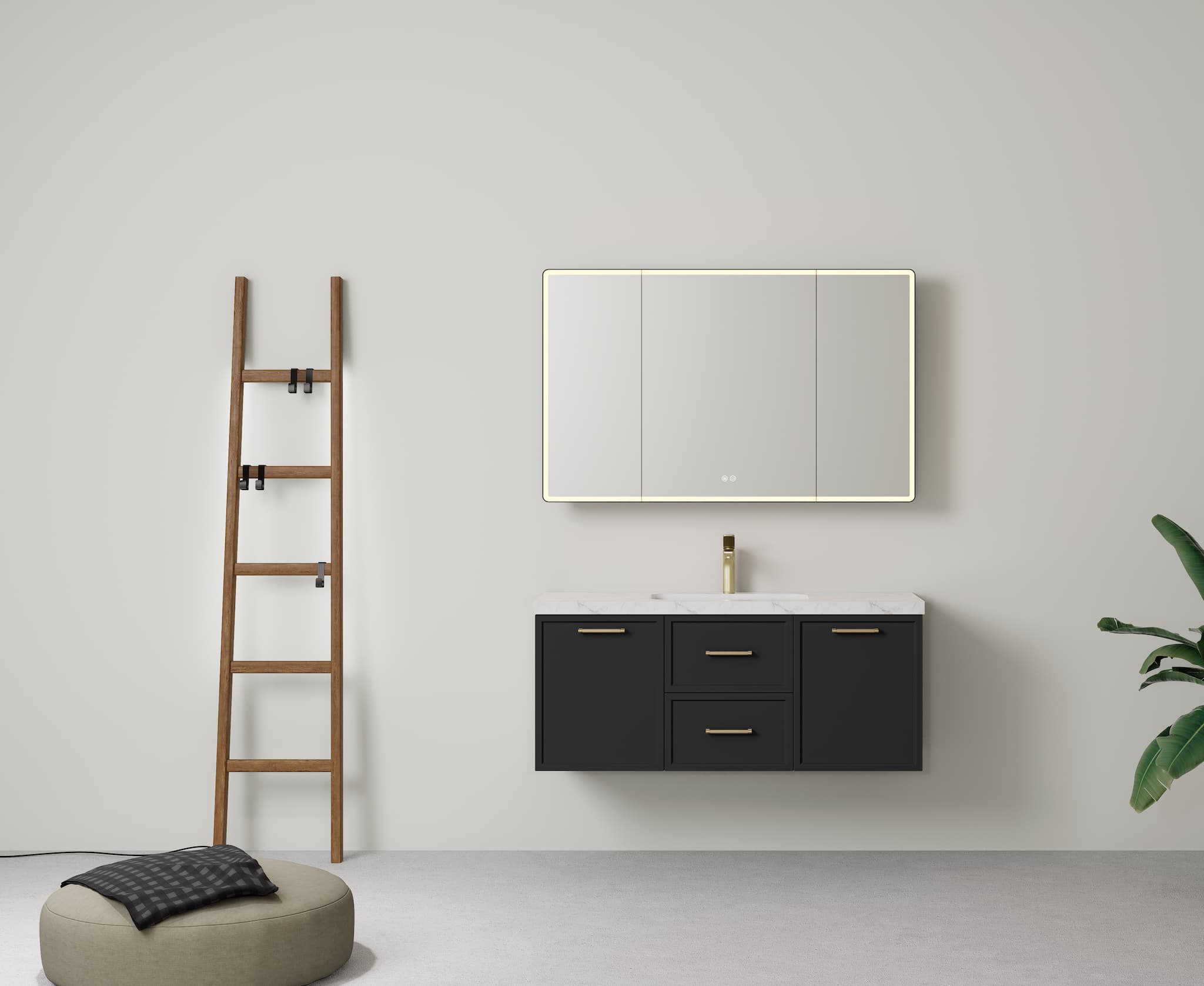 Lukka Kingsley Matt Black 1200mm single bowl wall-hung cabinet, full-length view.