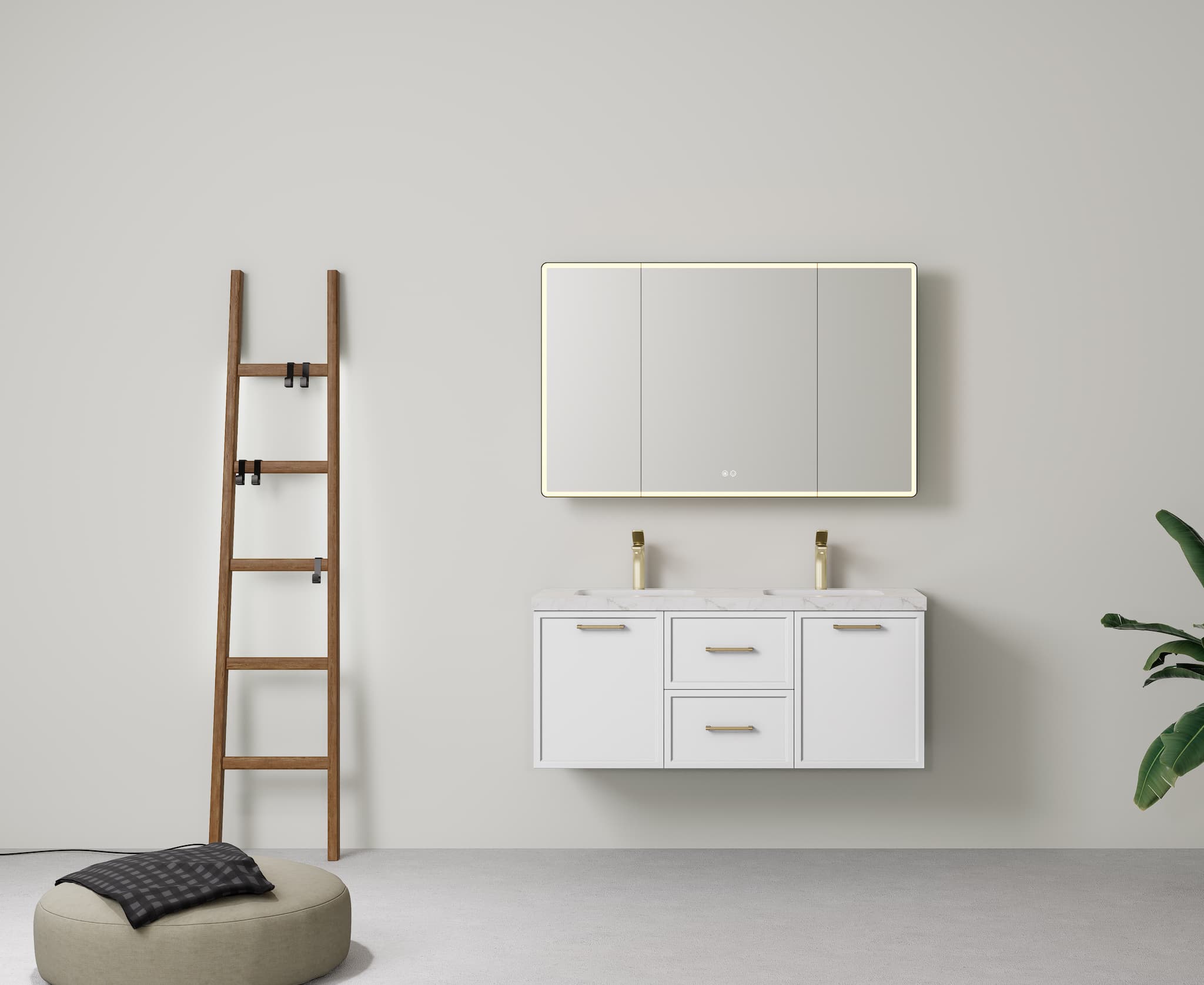 Lukka Kingsley Matt White 1200mm double bowl wall-hung cabinet, without basin or with stone benchtop.