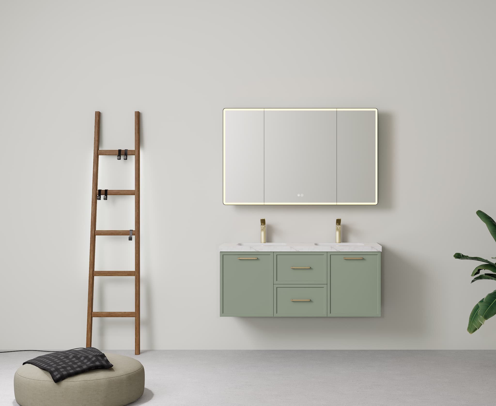 Lukka Kingsley Olive Green 1200mm double bowl wall-hung cabinet, without basin or with stone benchtop.