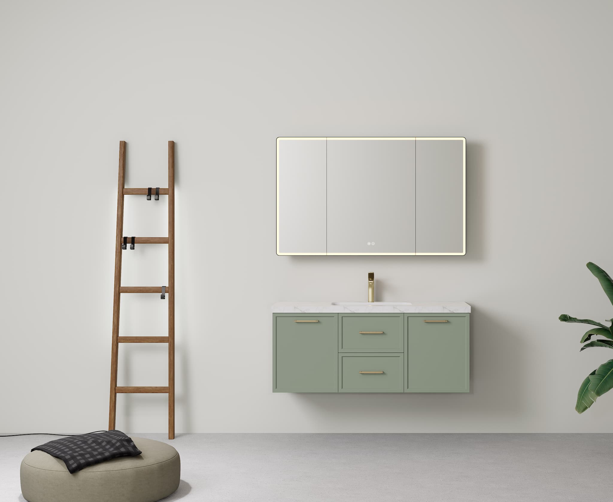 Lukka Kingsley Olive Green 1200mm single bowl wall-hung cabinet, full-length view.