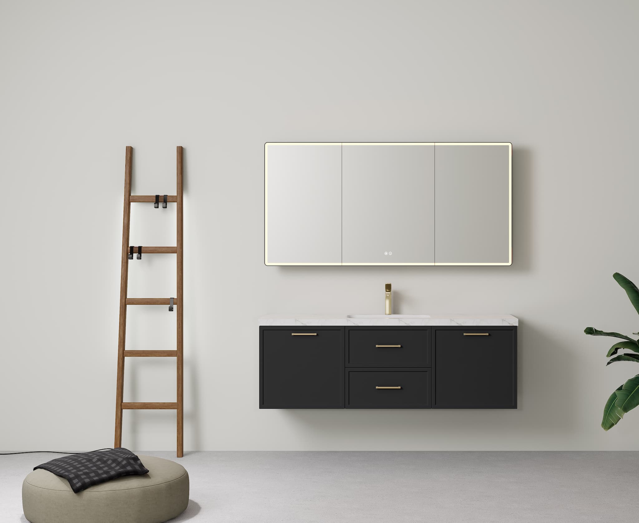 Lukka Kingsley Matt Black 1500mm single bowl wall-hung cabinet, luxury master ensuite setting.