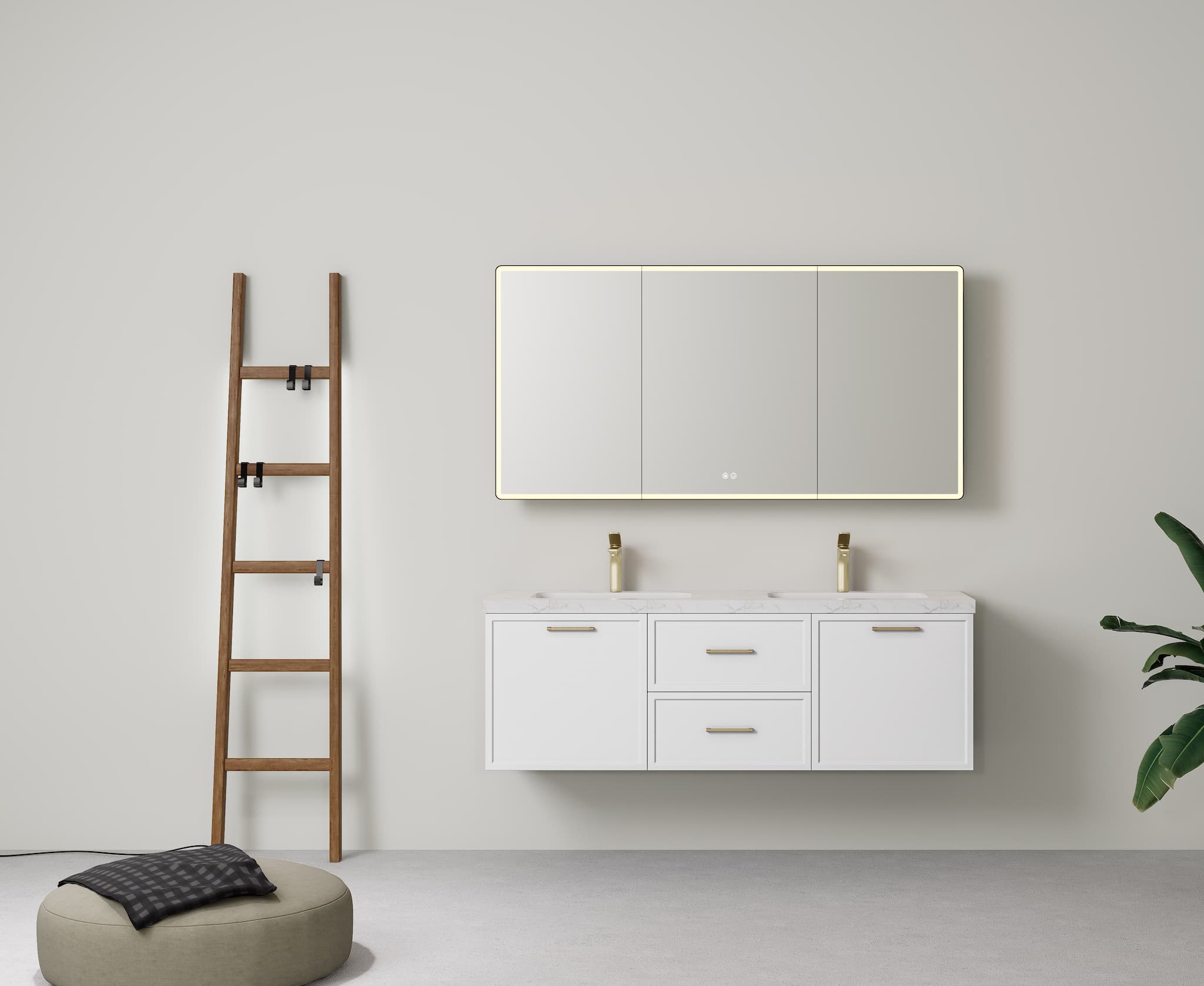 Lukka Kingsley Matt white 1500mm double bowl wall-hung cabinet, showing multiple drawer storage.