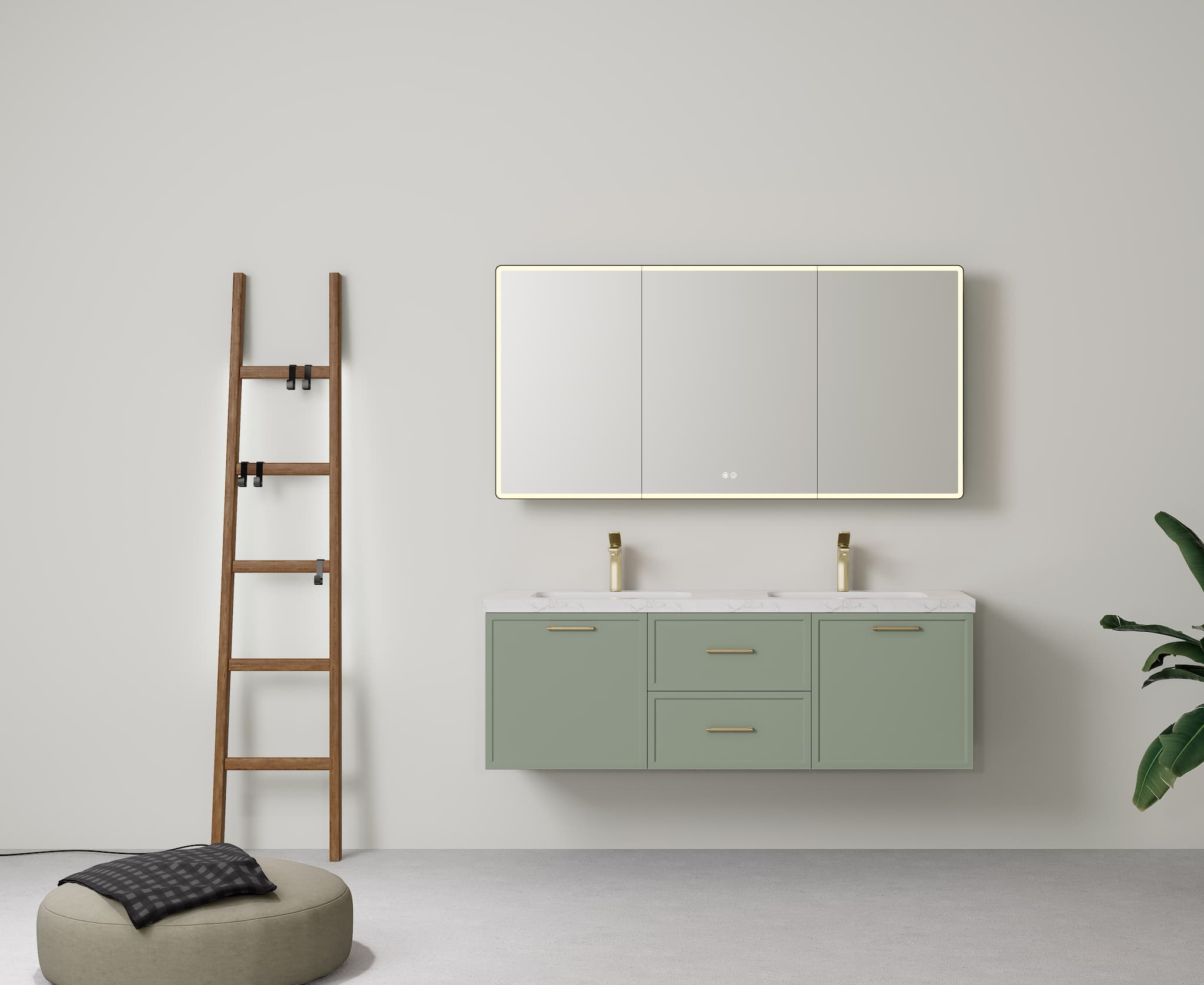 Lukka Kingsley Olive Green 1500mm double bowl wall-hung cabinet, showing multiple drawer storage.