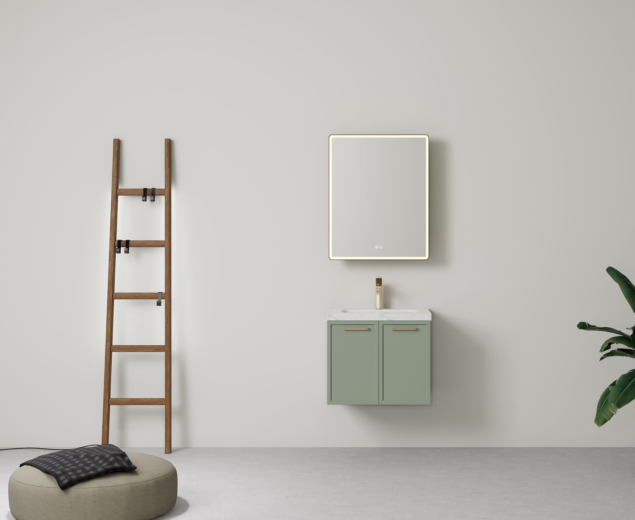 Close-up of Lukka Kingsley Olive Green 600mm single bowl wall-hung cabinet with soft-closing door.