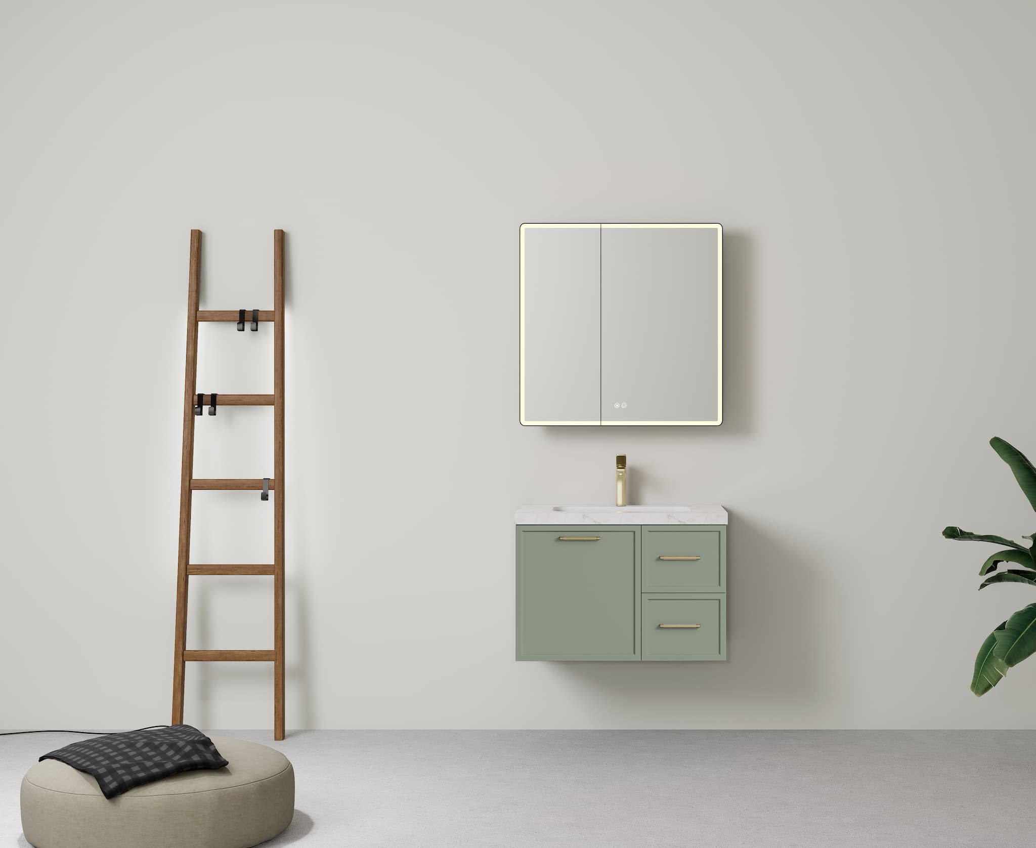 Lukka Kingsley Olive Green 750mm single bowl wall-hung cabinet, showing right drawer configuration.
