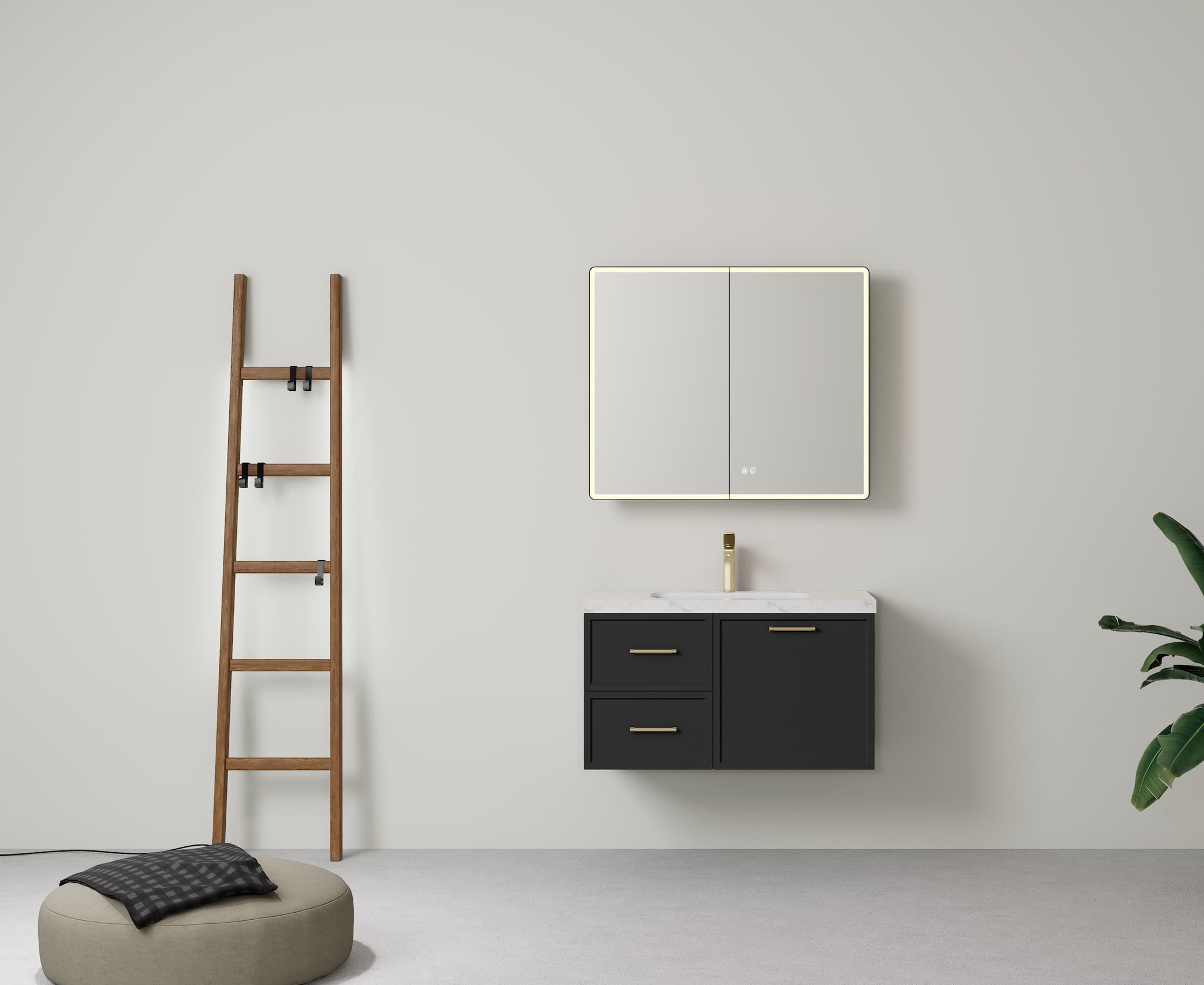 Detail view of Lukka Kingsley Matt Black 900mm single bowl wall-hung leftdrawer configuration cabinet.