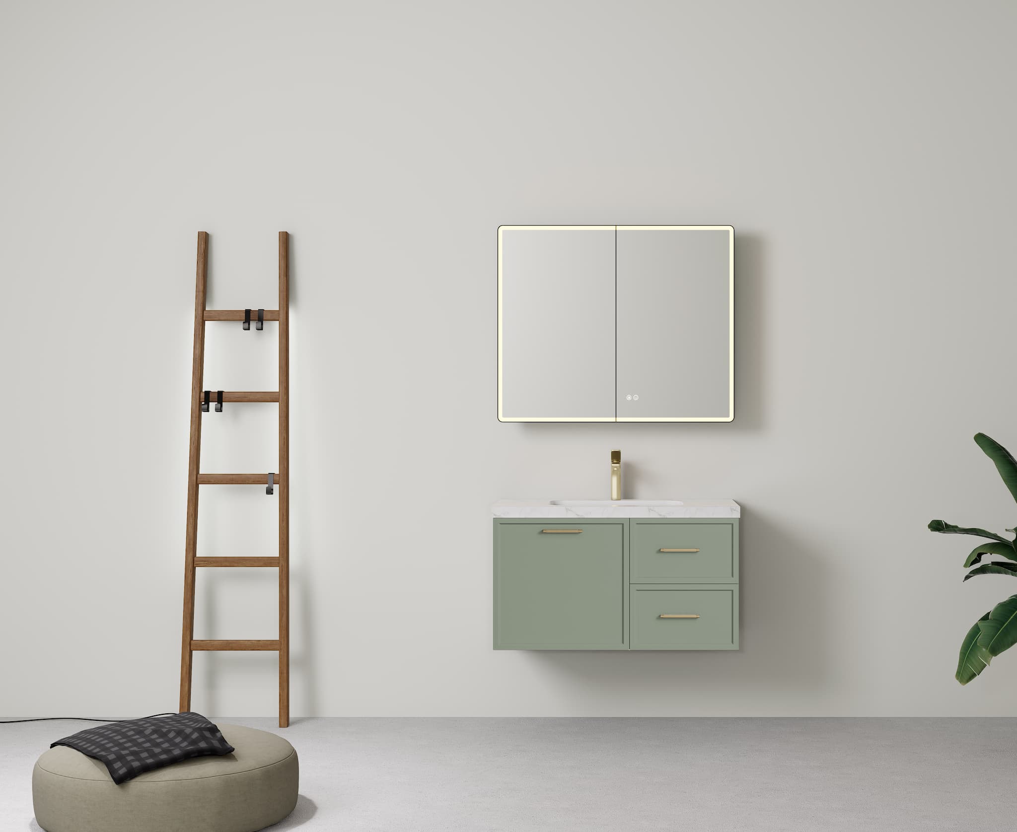 Detail view of Lukka Kingsley Olive Green 900mm single bowl wall-hung right drawer configuration cabinet.
