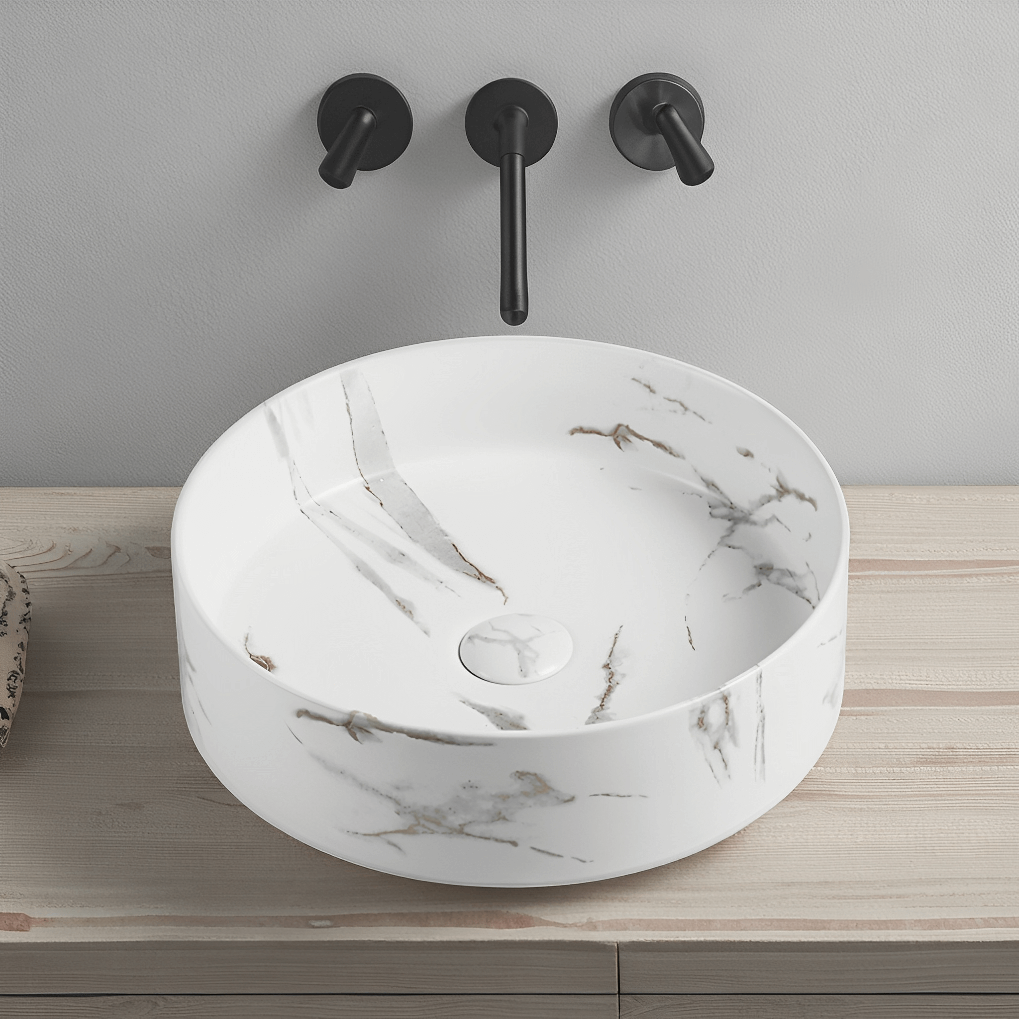 Lukka Olley fine ceramic above counter basin in round shape, matte Carrara white finish with bronze accent, 394×394×115 mm, non-overflow, 32 mm waste