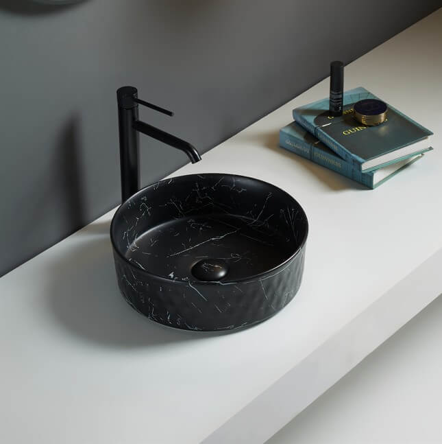 Lukka Ollia fine ceramic above counter basin in round shape, matte Carrara black finish, 360×360×120 mm, non-overflow, 32 mm waste