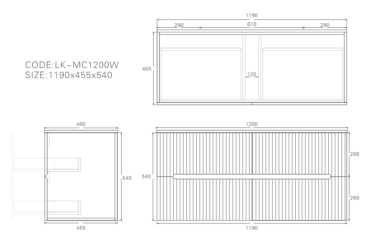 Technical dimension diagram for Lukka Cabarita 1200mm Single Bowl Vanity, showing measurements: 1190mm (W) x 455mm (D) x 540mm (H).