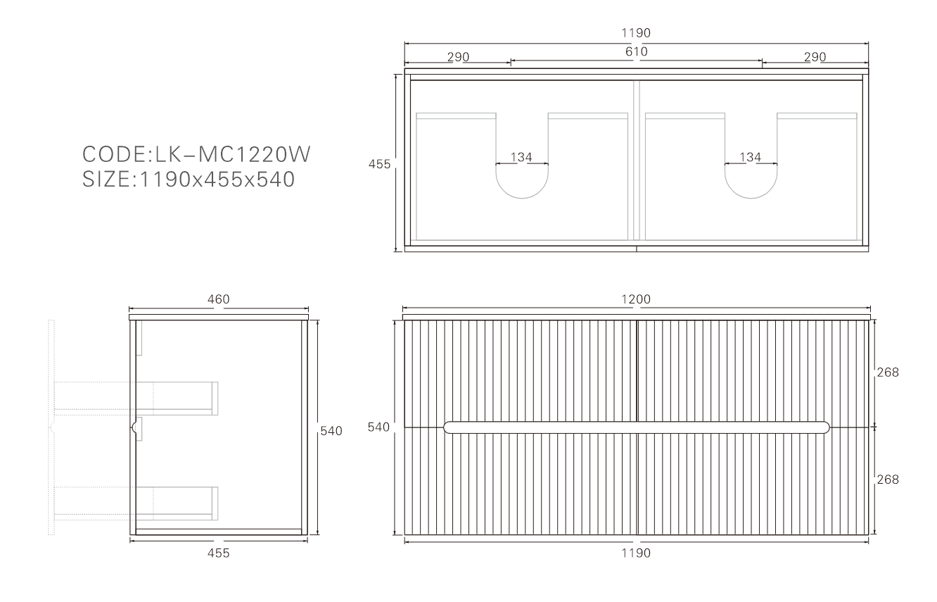 Technical dimension diagram for Lukka Cabarita 1200mm Double Bowl Vanity, showing measurements: 1190mm (W) x 455mm (D) x 540mm (H).