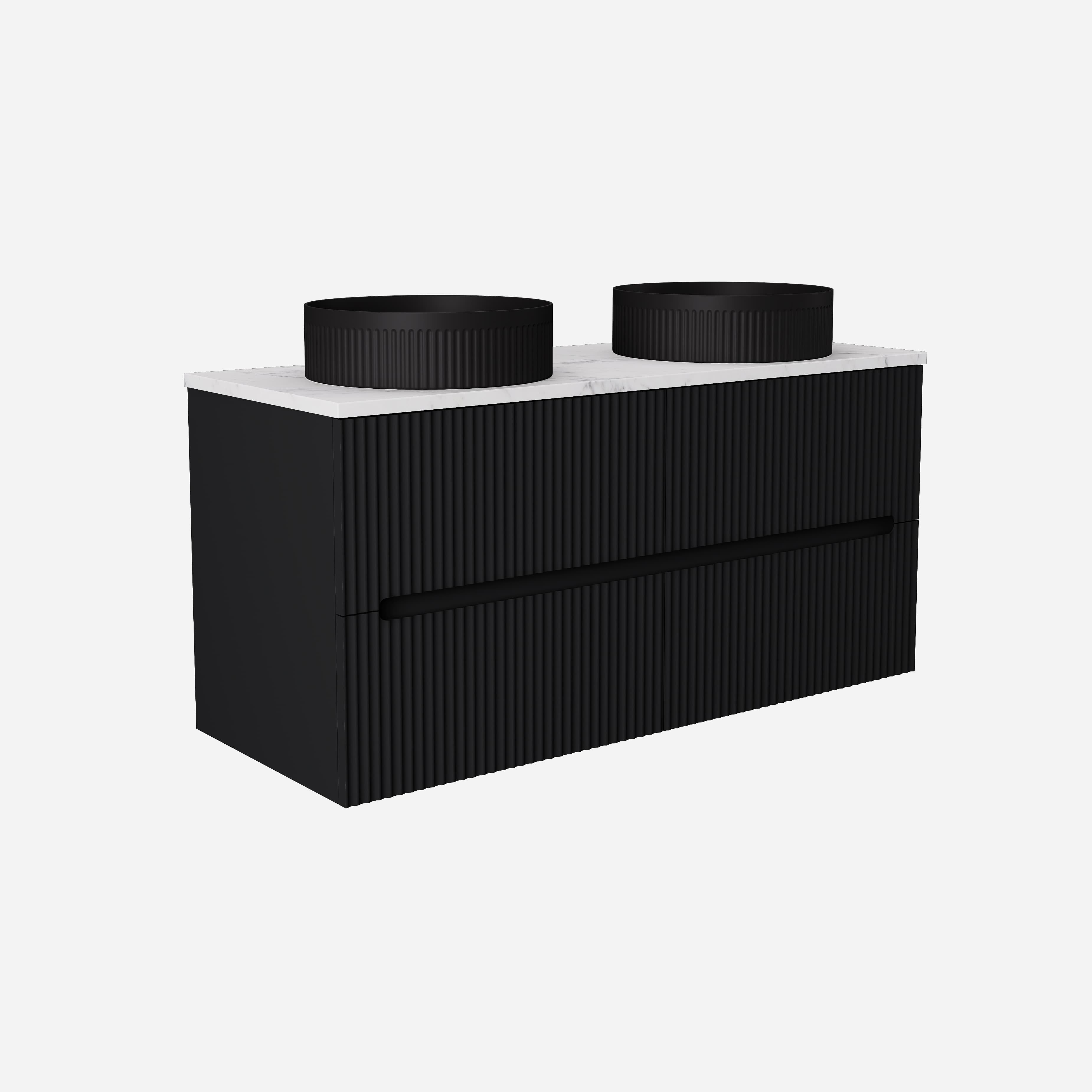 Side view of the Lukka Cabarita 1200mm Double Bowl Wall Hung Vanity in Matte Black, showing the deep drawer capacity.