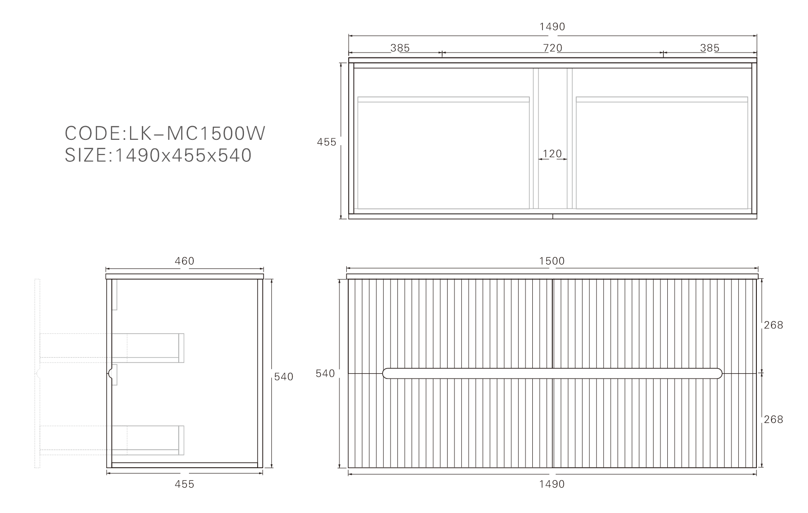 Technical dimension diagram for Lukka Cabarita 1500mm Single Bowl Vanity, showing measurements: 1490mm (W) x 455mm (D) x 540mm (H).