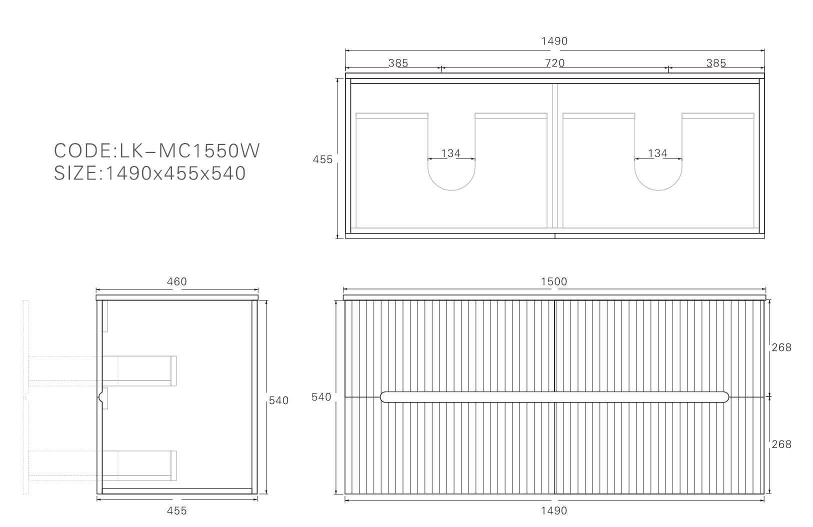 Technical dimension diagram for Lukka Cabarita 1500mm Double Bowl Vanity, showing measurements: 1490mm (W) x 455mm (D) x 540mm (H).