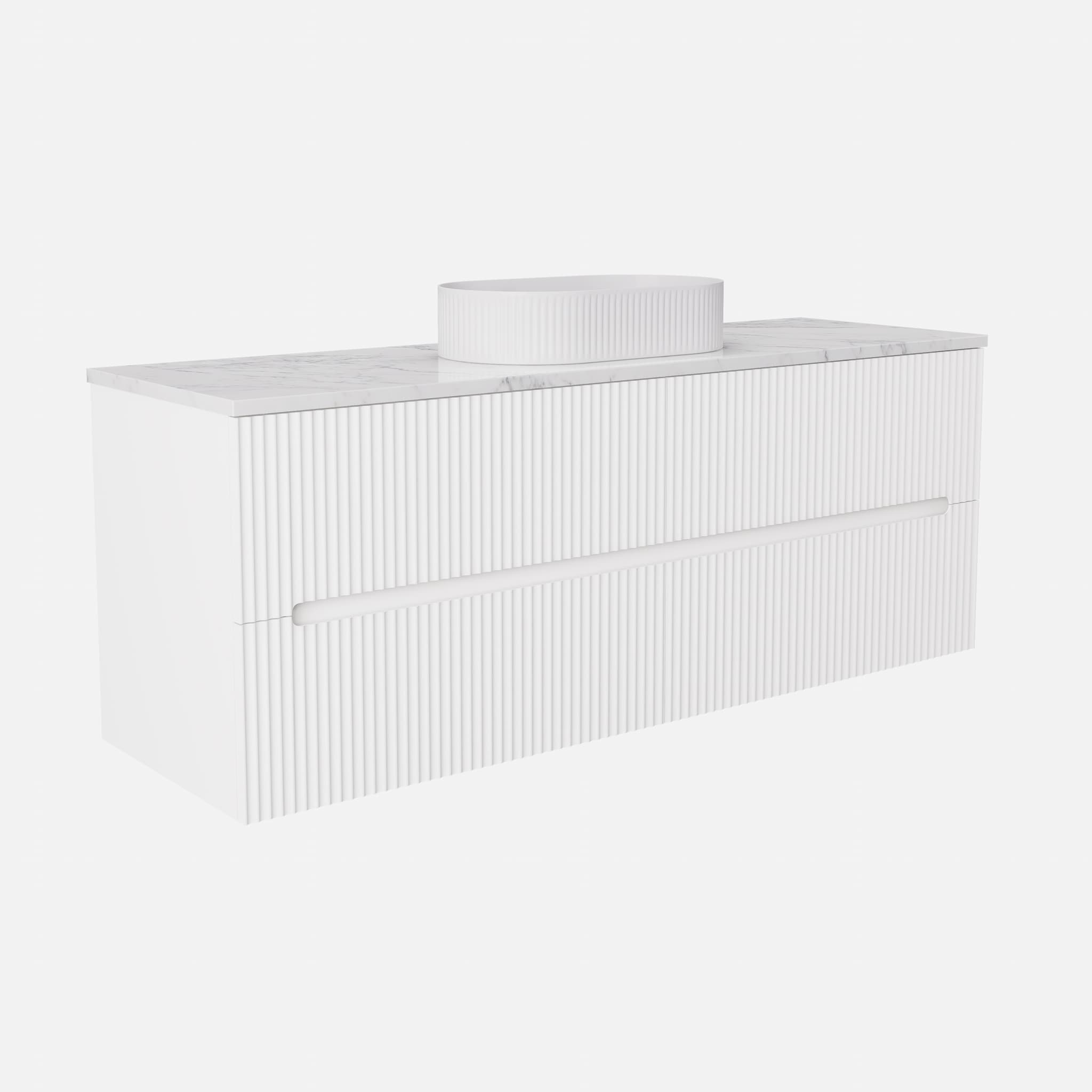 Side view of the Lukka Cabarita 1500mm Single Bowl Wall Hung Vanity in Matte White, emphasizing its depth and PVC construction.