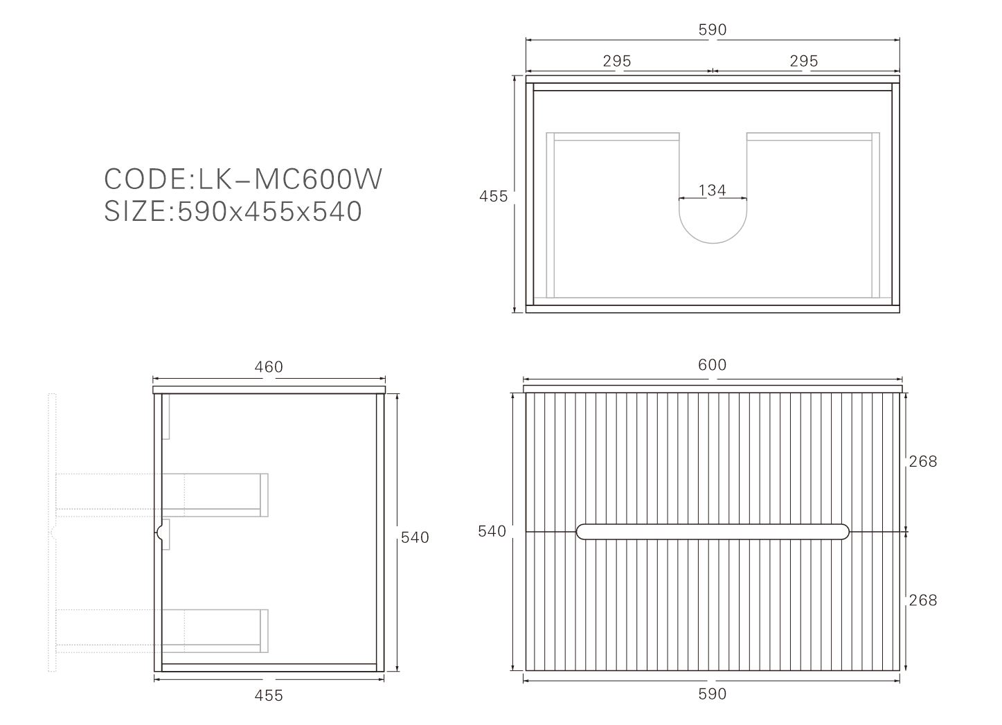 Technical dimension diagram for Lukka Cabarita 600mm Wall Hung Vanity, showing measurements: 590mm (W) x 455mm (D) x 540mm (H).