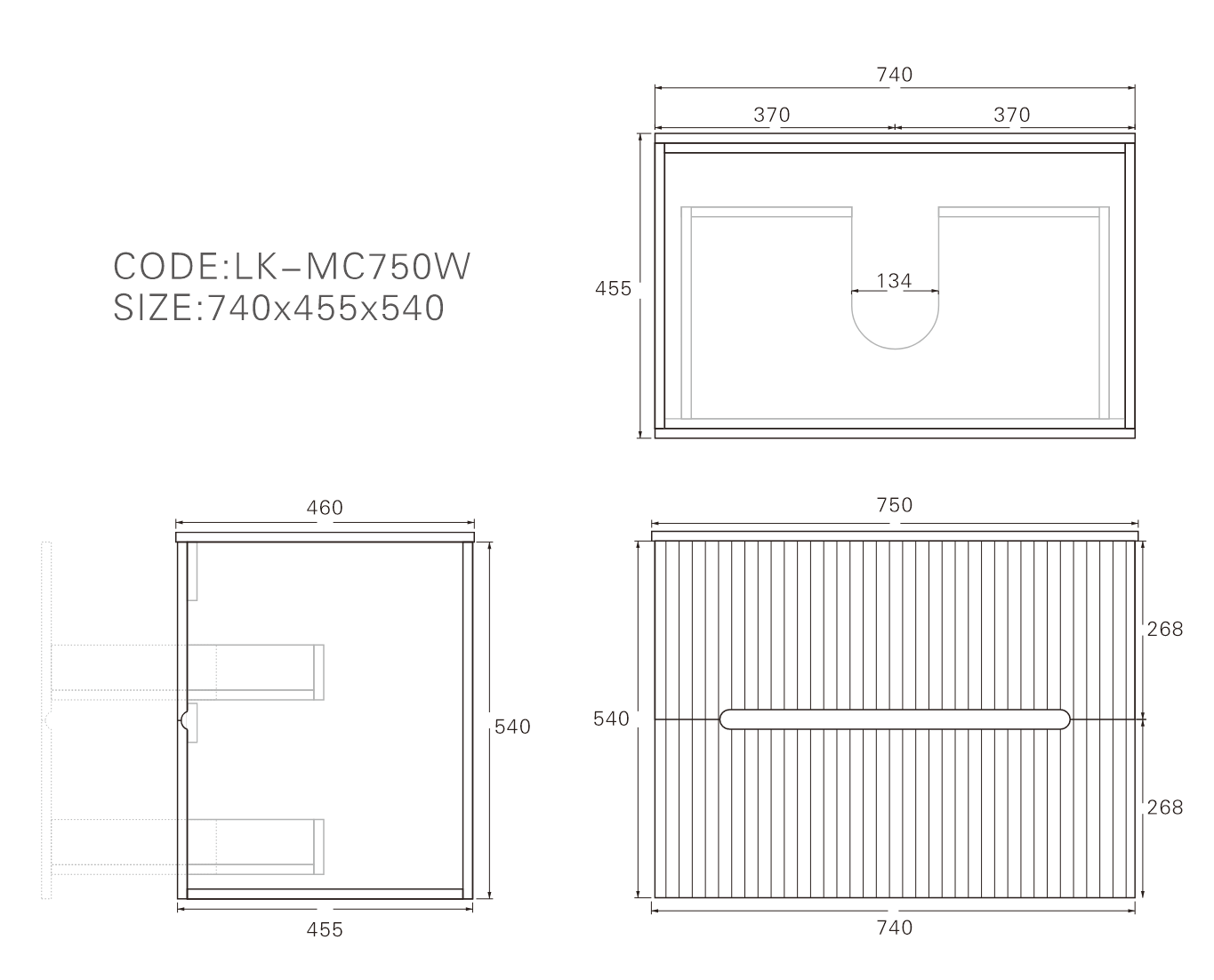 Technical dimension diagram for Lukka Cabarita 750mm Wall Hung Vanity, showing measurements: 740mm (W) x 455mm (D) x 540mm (H).