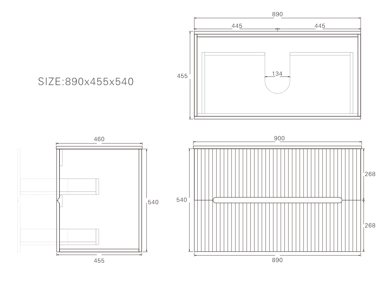 Technical dimension diagram for Lukka Cabarita 900mm Wall Hung Vanity, showing measurements: 890mm (W) x 455mm (D) x 540mm (H).