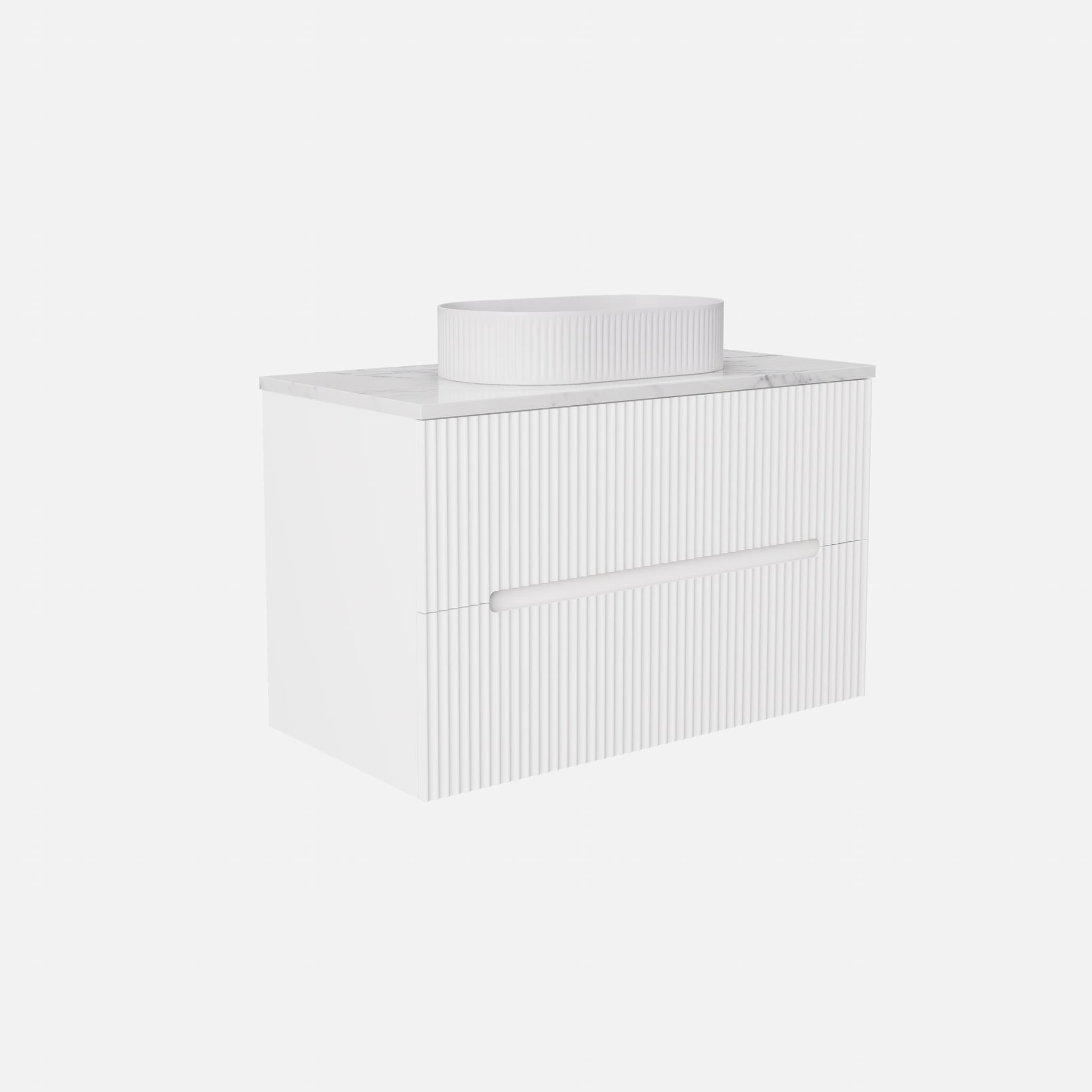 Side view of the Lukka Cabarita 900mm Wall Hung Vanity in Matte White, showing the cabinet profile and high-quality PVC material.