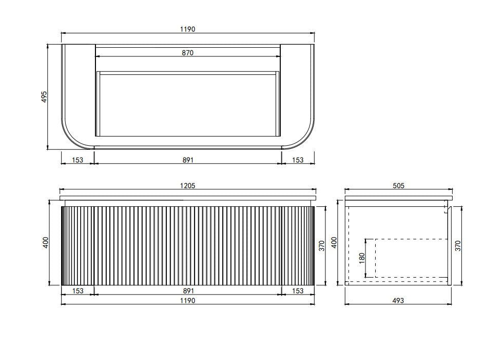 Technical dimension diagram for Lukka Estella Curve 1200mm Single/Double Bowl Vanity: 1190mm (W) x 495mm (D) x 400mm (H).