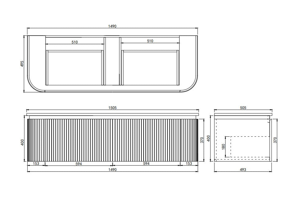Technical dimension diagram for Lukka Estella Curve 1500mm Single/Double Bowl Vanity: 1490mm (W) x 495mm (D) x 400mm (H).