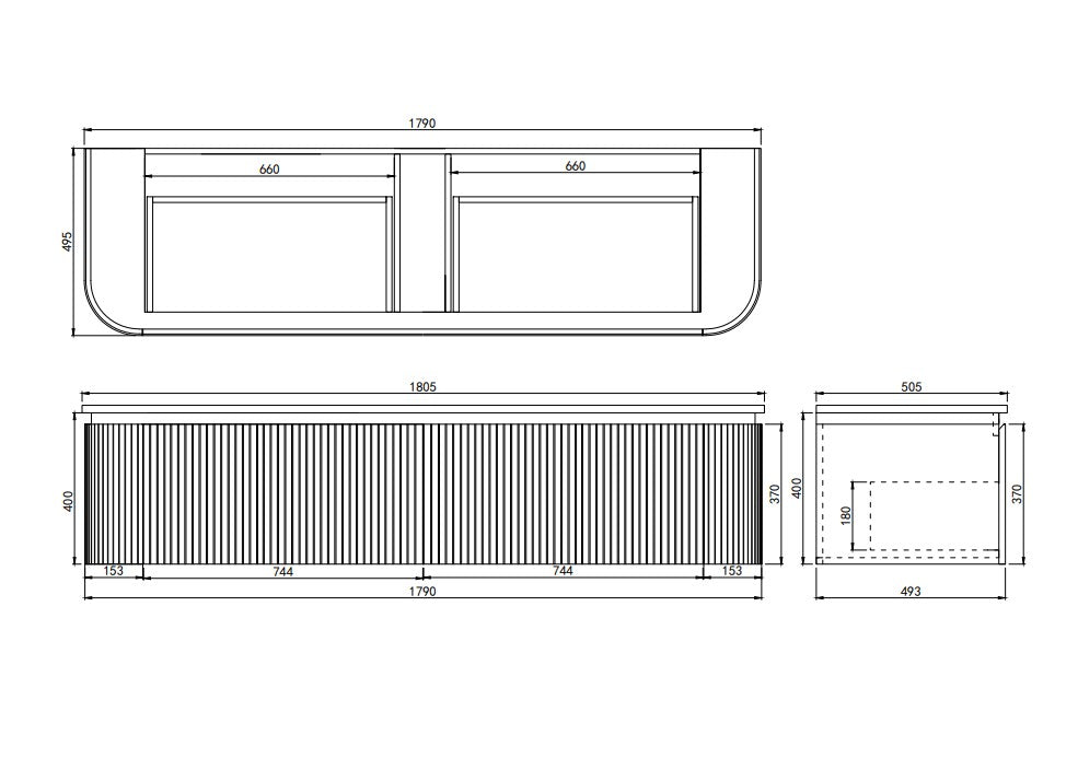 Technical dimension diagram for Lukka Estella Curve 1800mm Single/Double Bowl Vanity: 1790mm (W) x 495mm (D) x 400mm (H).